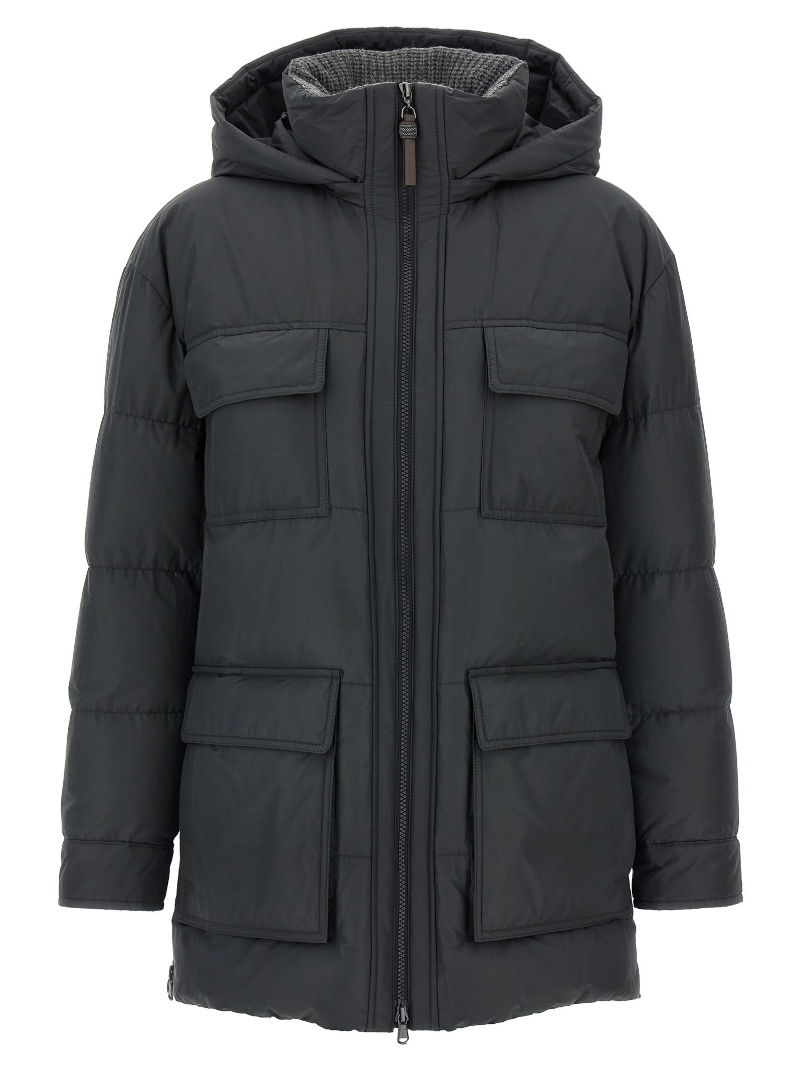Brunello Cucinelli Knitted Neck Down Jacket Puffer Jackets Gray In Black