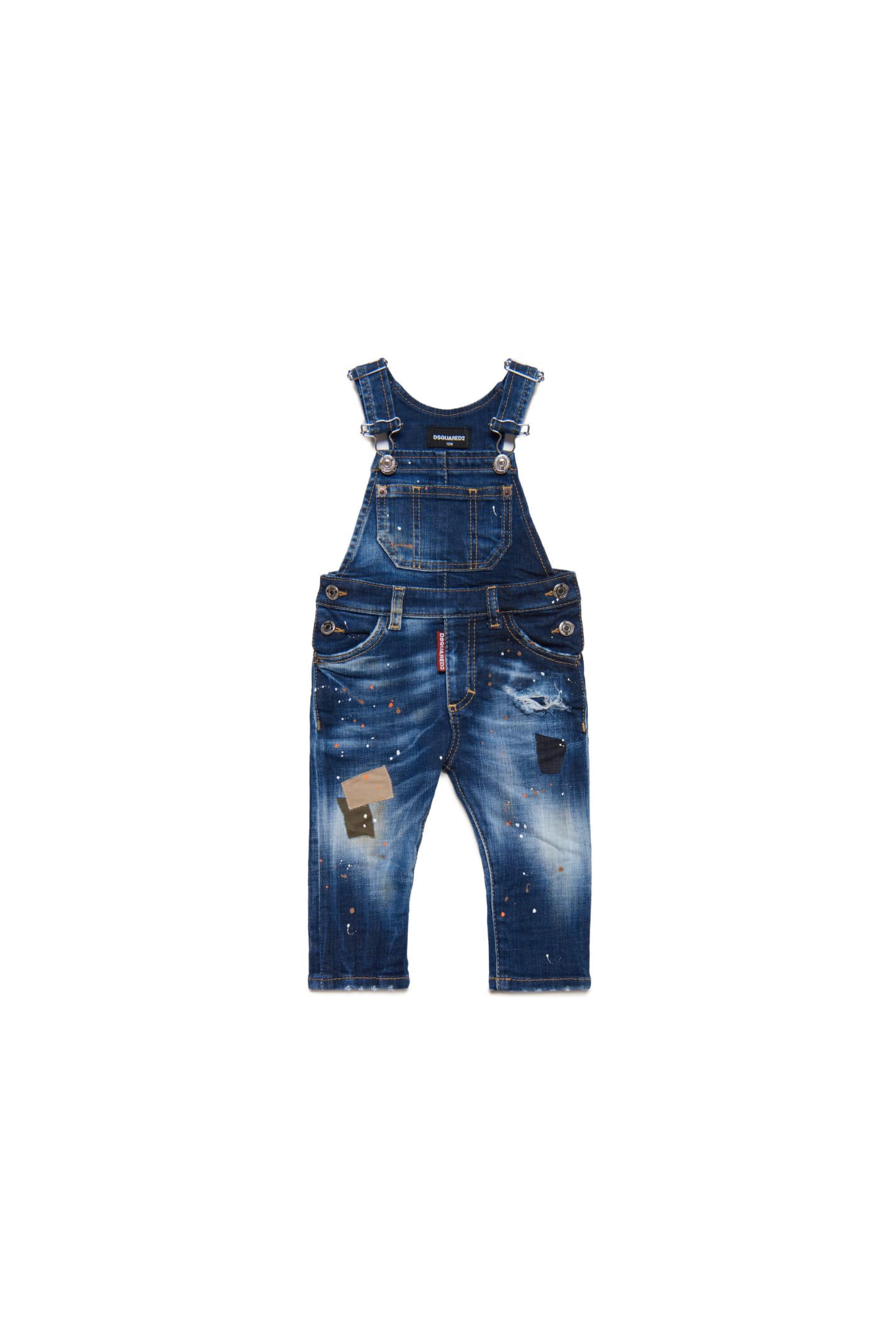 DSQUARED2 D2J217B OVERALLS DSQUARED SHADED DARK BLUE DENIM DUNGAREES WITH PATCHES AND SPOTS