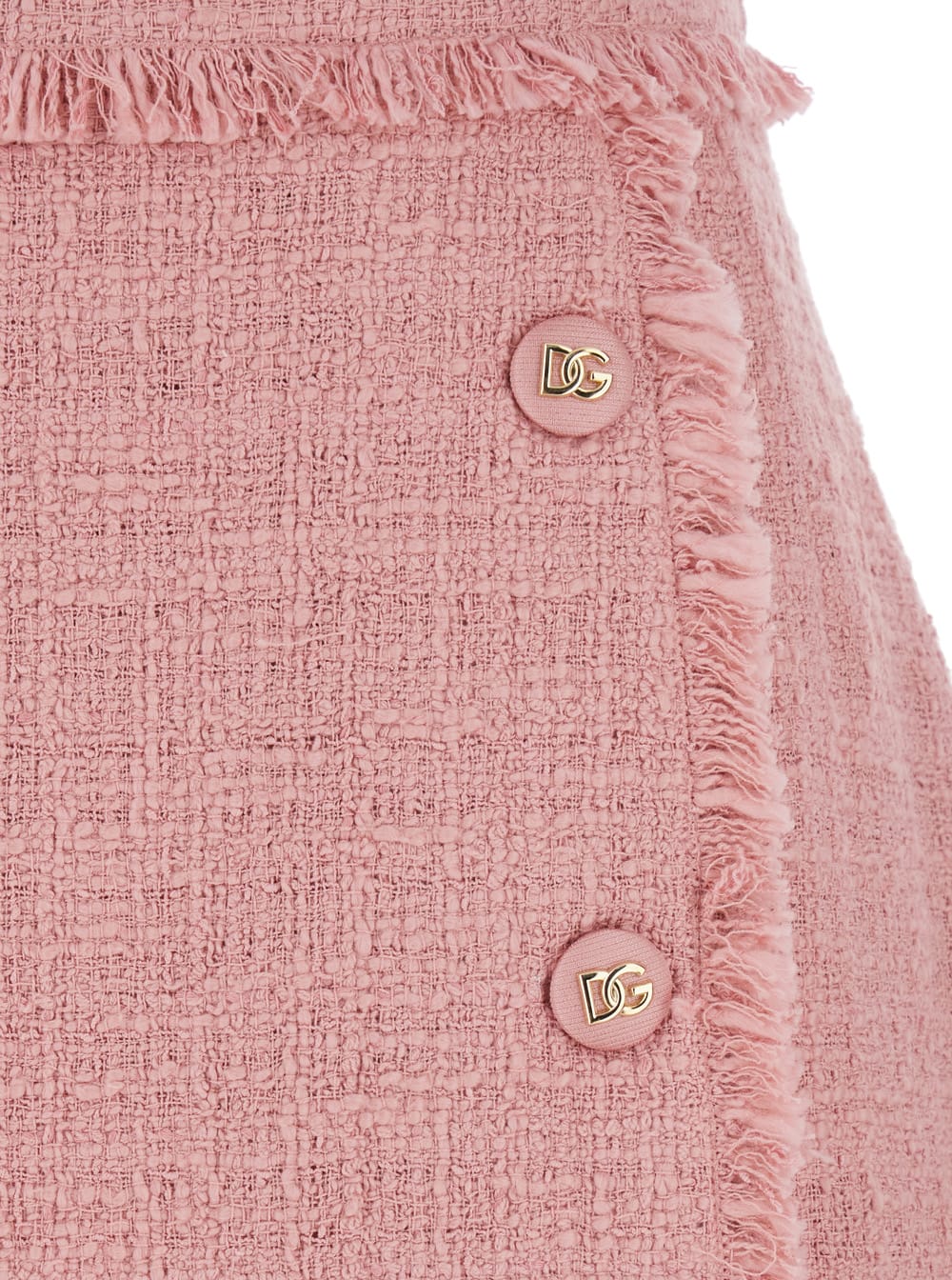 Dolce & Gabbana Pink Skirt With Logoed Buttons And Frayed Edges In Cotton Tweed Woman In Pink