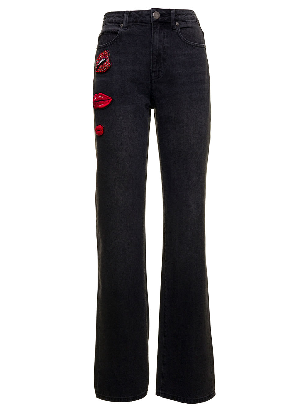Pinko Womans Flavia Black Denim Jeans With Patch Lips