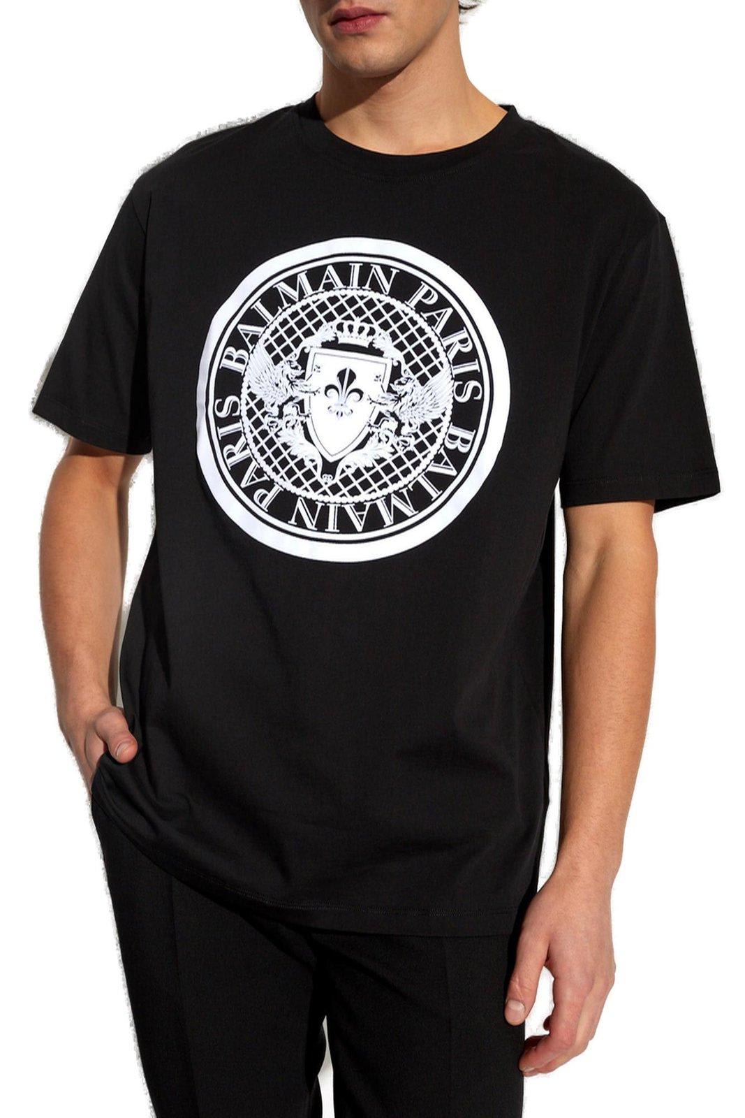Shop Balmain Logo Printed Crewneck T-shirt In Nero E Bianco