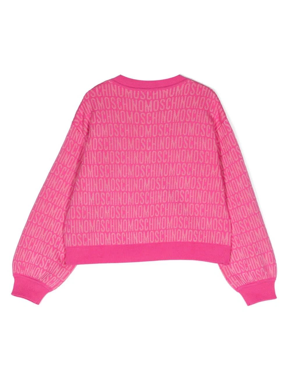 Shop Moschino Fuchsia Cardigan With All-over Logo In Pink