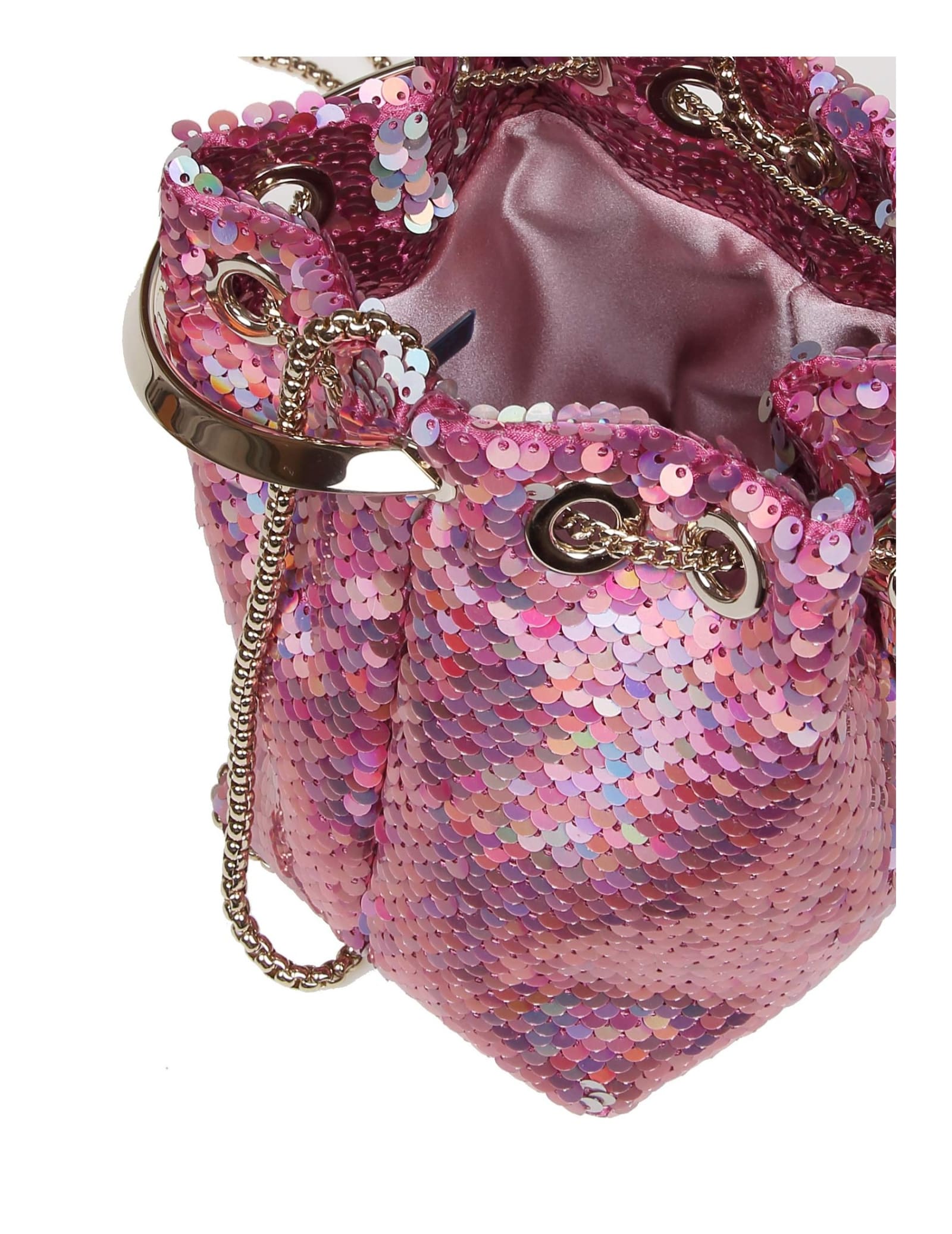 Shop Jimmy Choo Bon Bon Bucket In Fabric With Sequins In Pink