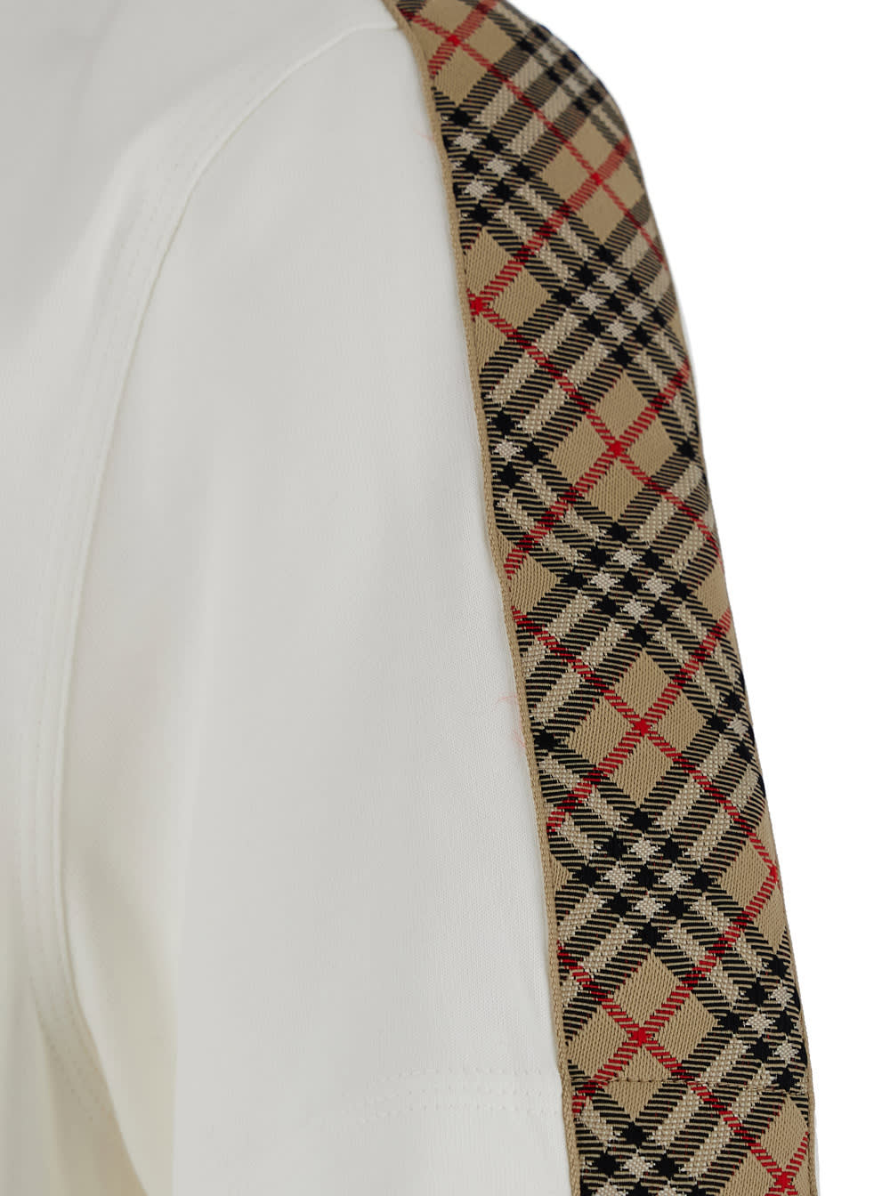 Burberry White Crewneck T-shirt With Check Motif On The Sleeve And Ekd Logo Embroidery On The Front In Cotton In White