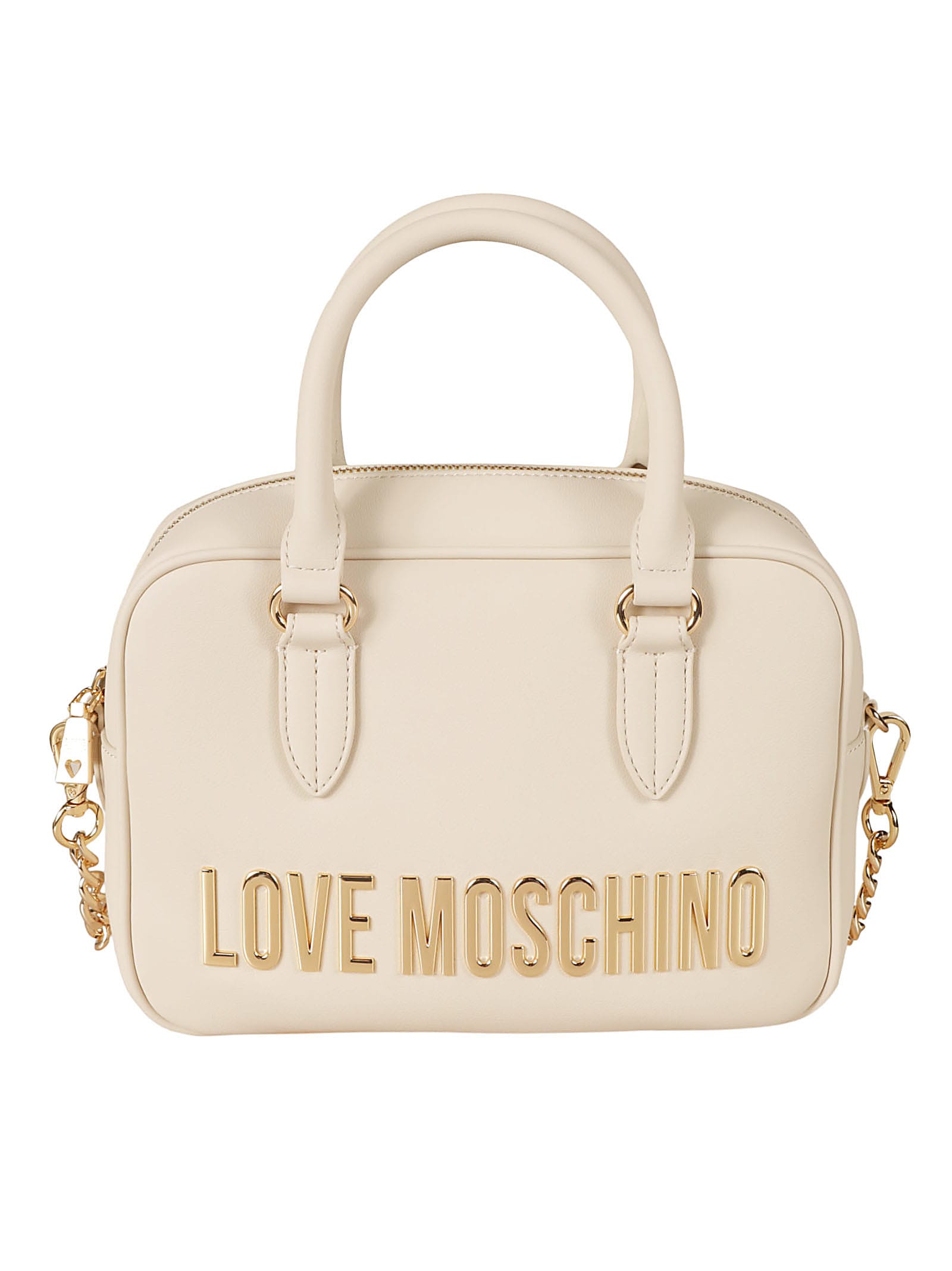 Shop Love Moschino Round Top Handle Logo Embossed Shoulder Bag In Avorio