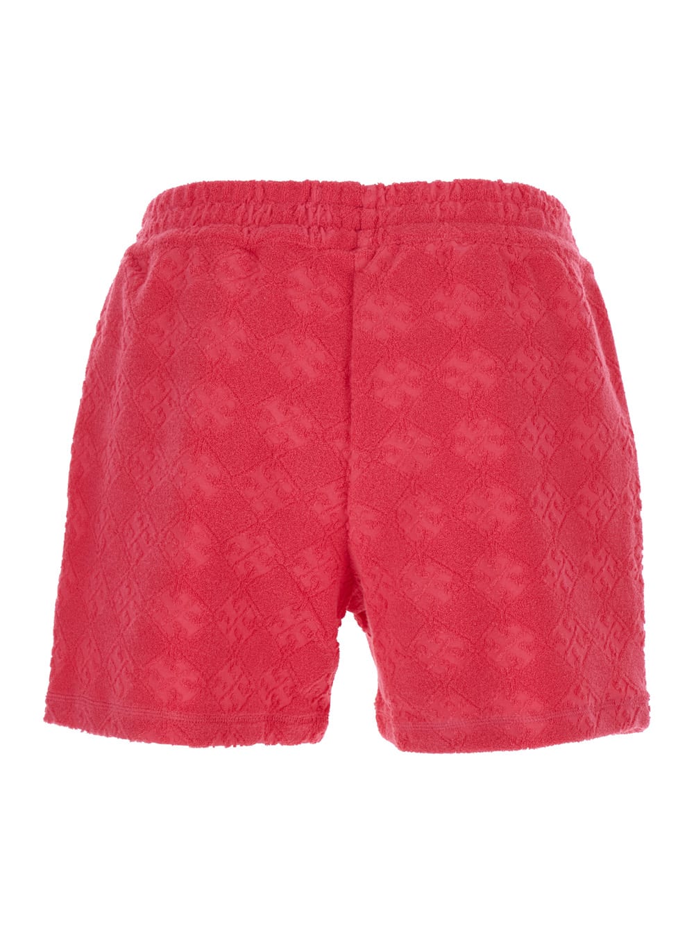 Tory Burch Terry Pink Shorts With Elastic Waist And All-over Logo Embroidery In Cotton Blend Stretch Woman In Red