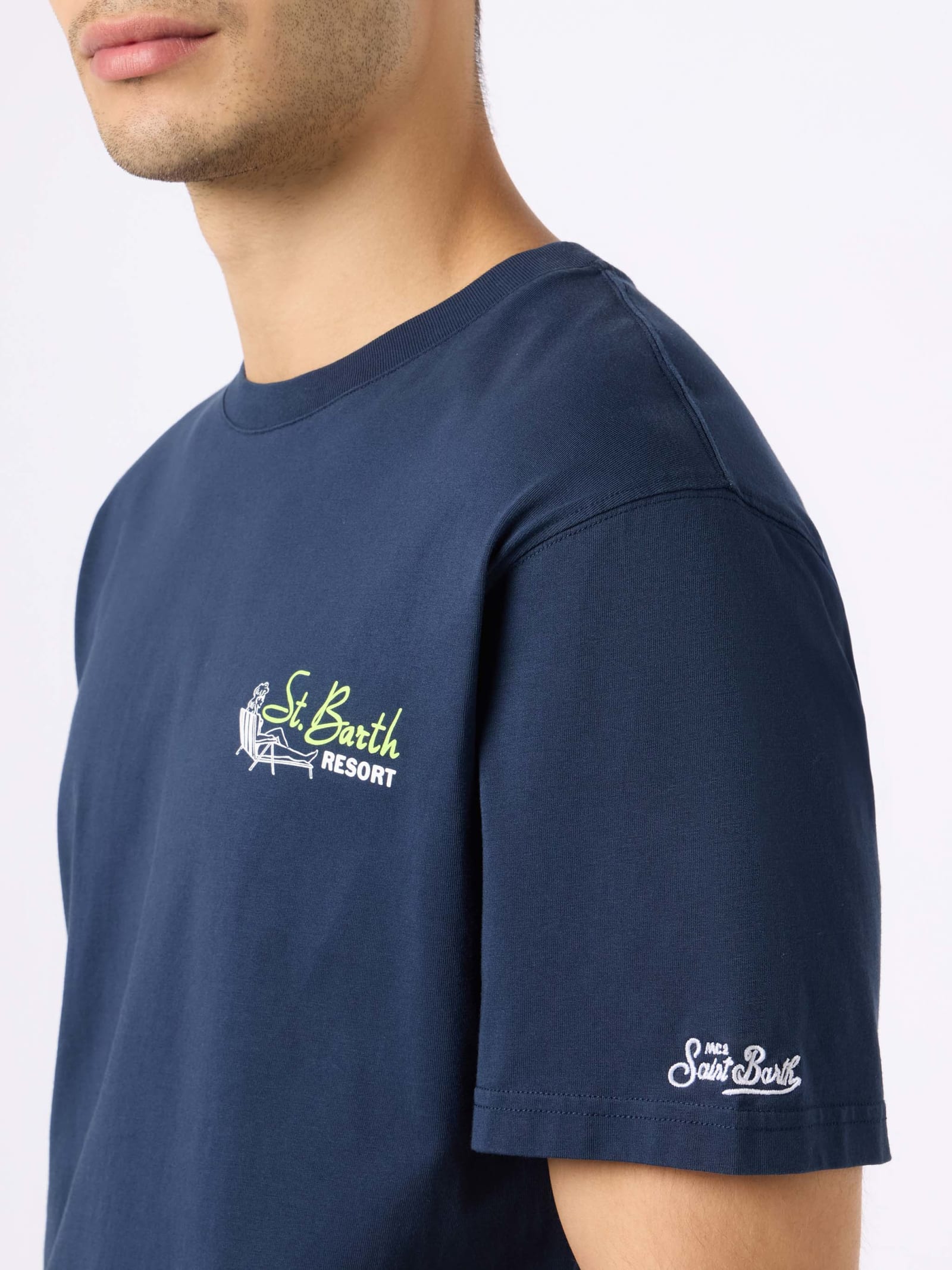 Shop Mc2 Saint Barth Man Cotton T-shirt With St. Barth Resort Placed Print In Blue