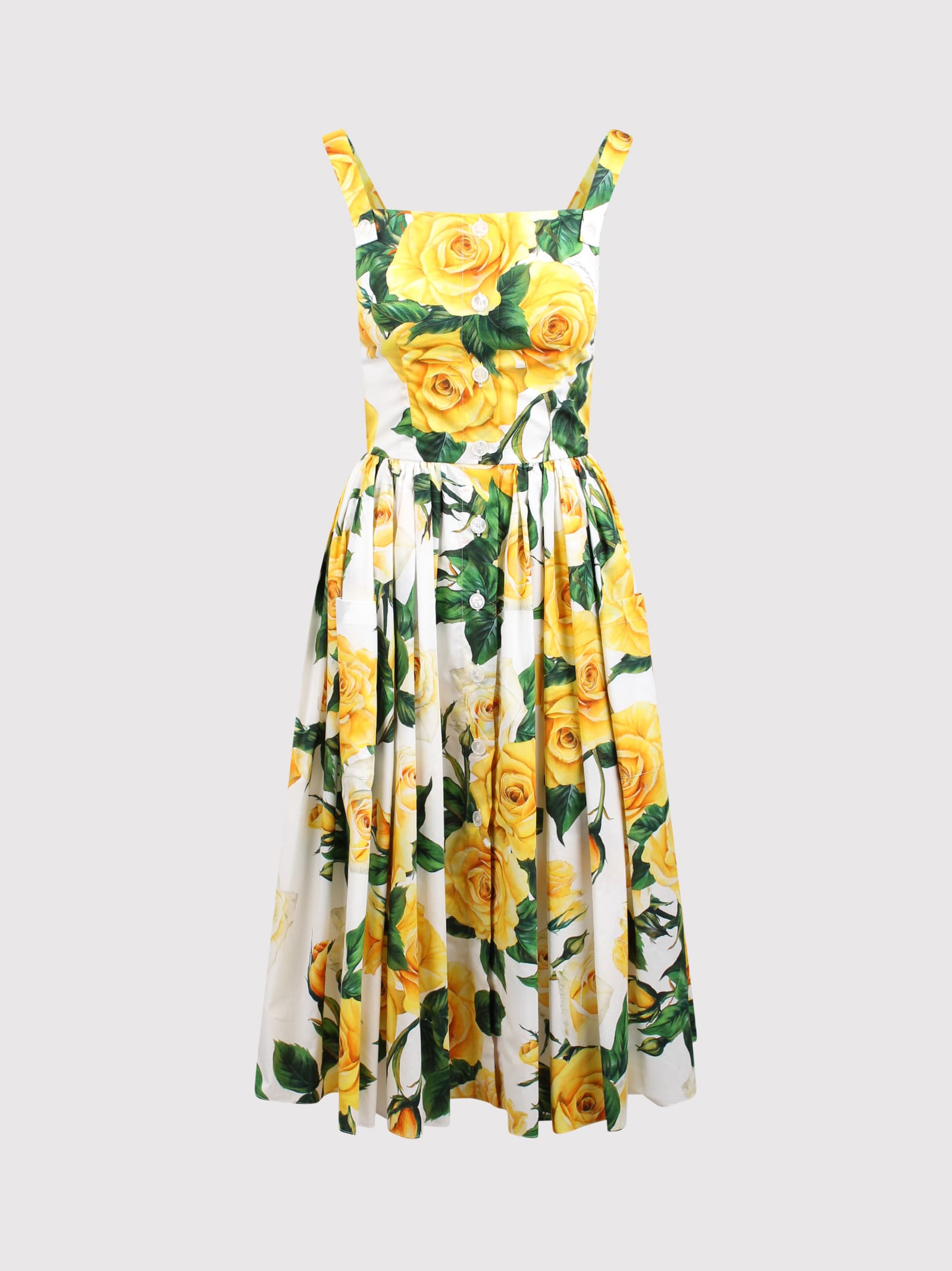 Dolce & Gabbana Rose-print Cotton Midi Dress In Yellow
