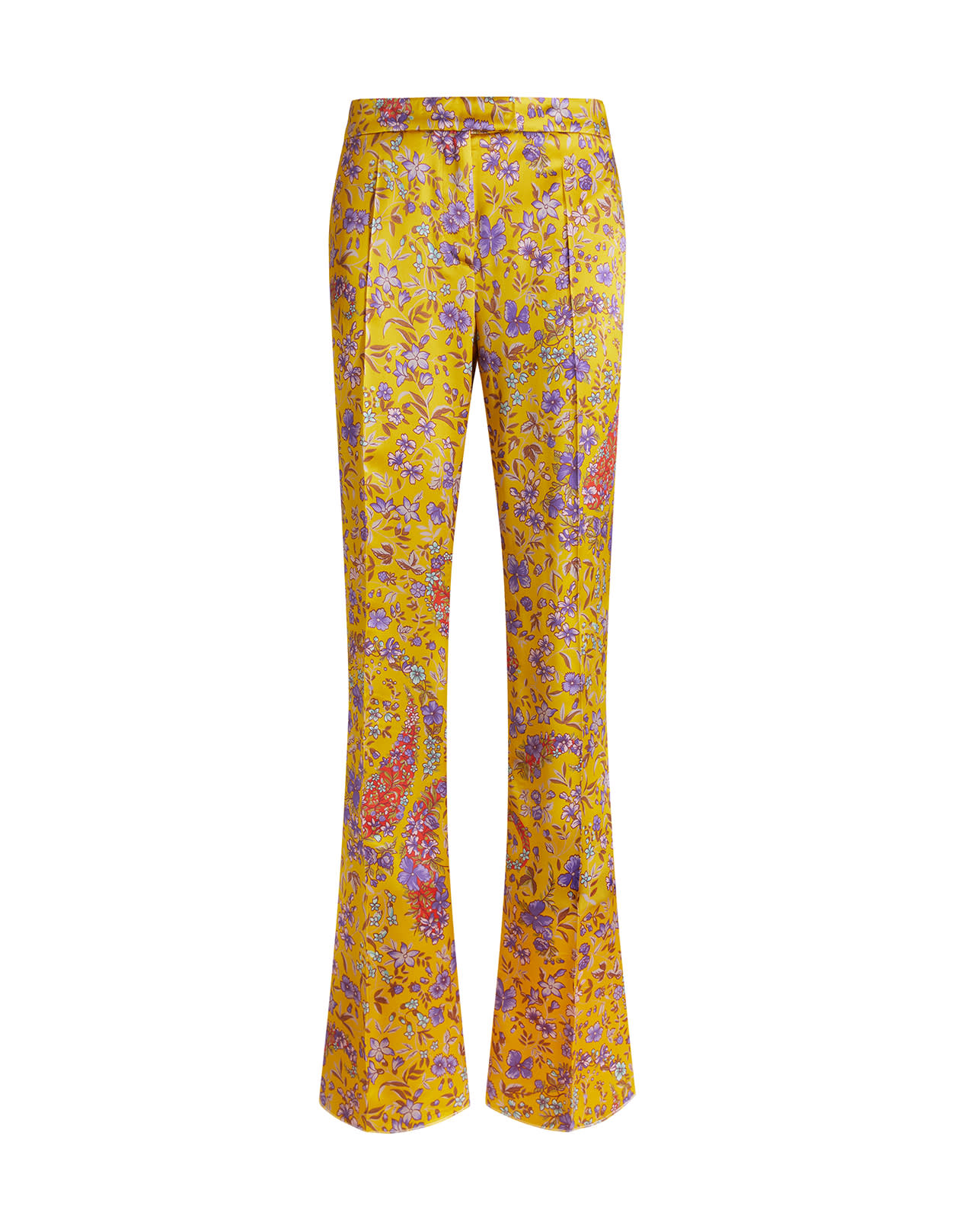 Etro Woman Flared Trousers In Yellow Floral Satin