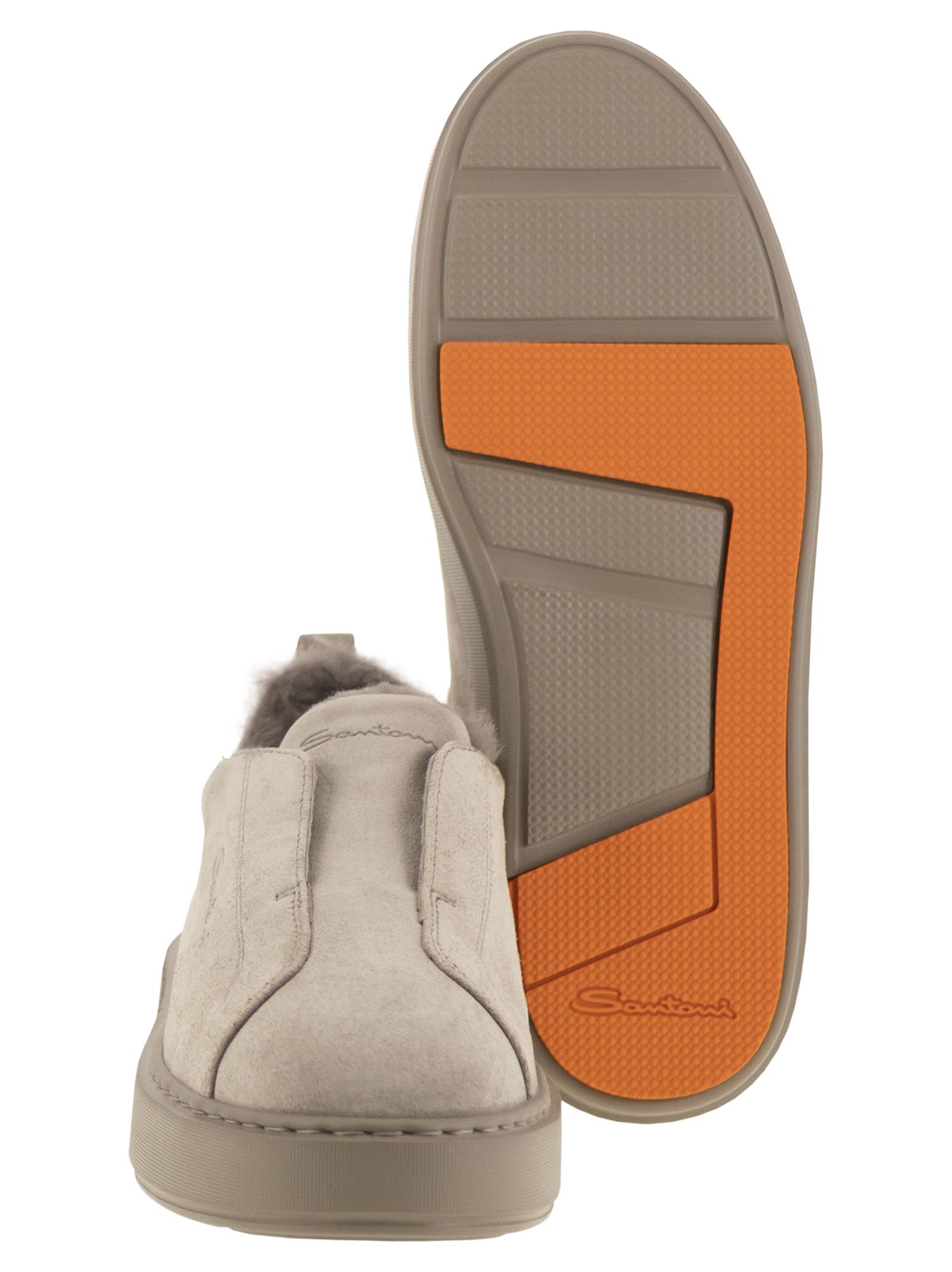 Santoni Slip-on Suede Sneakers With Fur In Gray