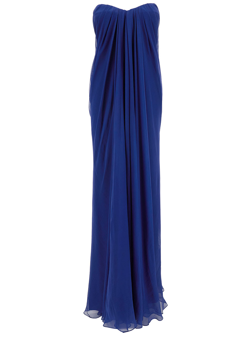 Shop Alexander Mcqueen Maxi Blue Draped Bustier Dress In Silk Woman