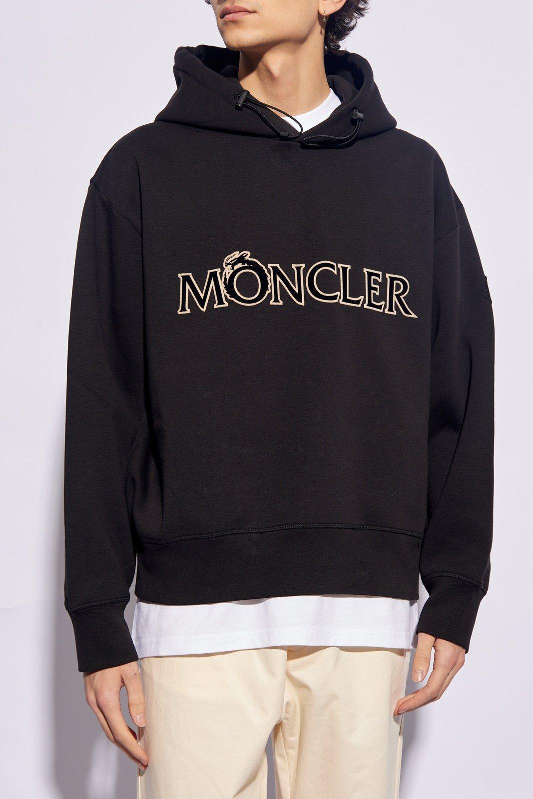 Shop Moncler Logo Embroidered Drawstring Hoodie