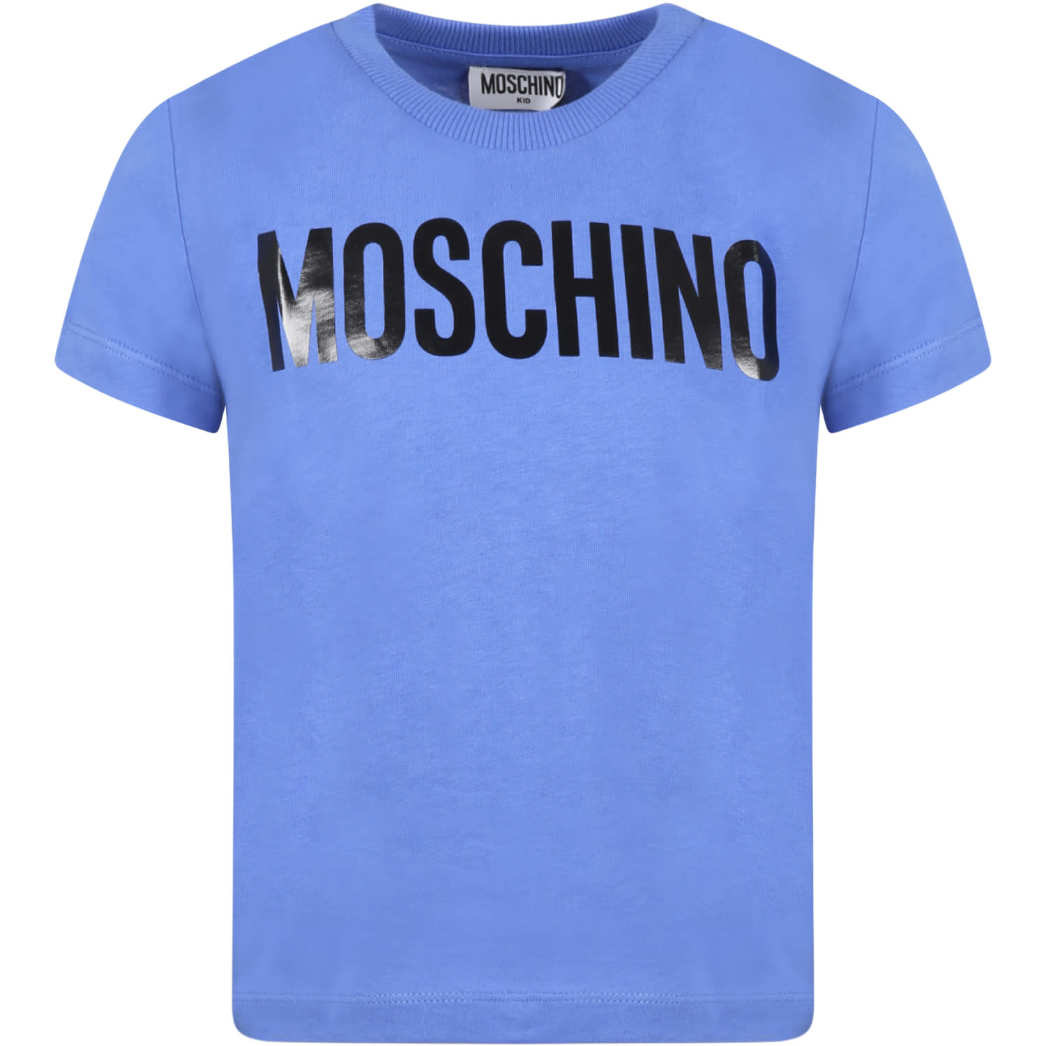 Moschino Kids' Bleu T-shirt For Boy With Black Logo In Blue