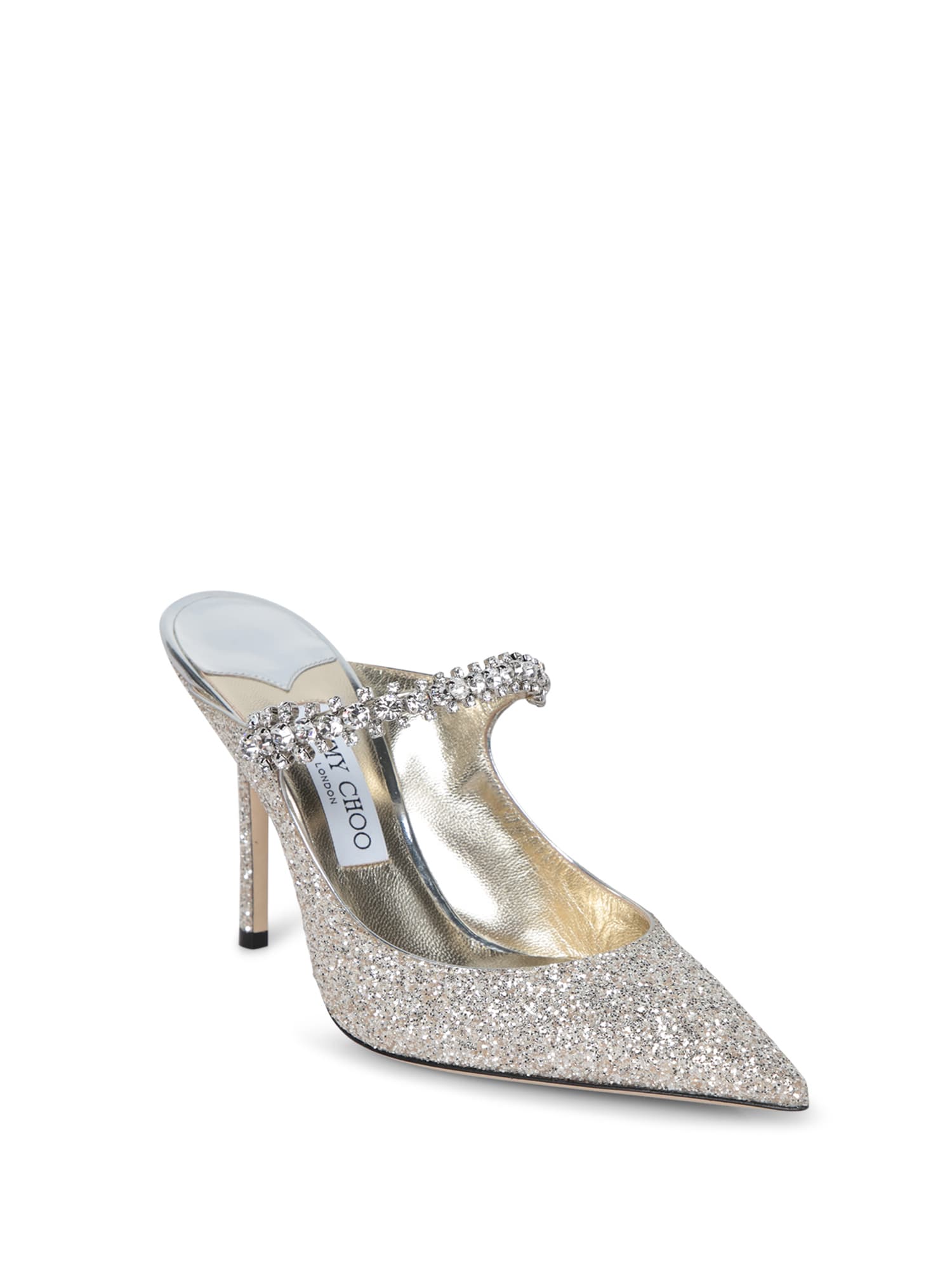Jimmy Choo Bing 100 Mules In Silver With Glitter In Beige