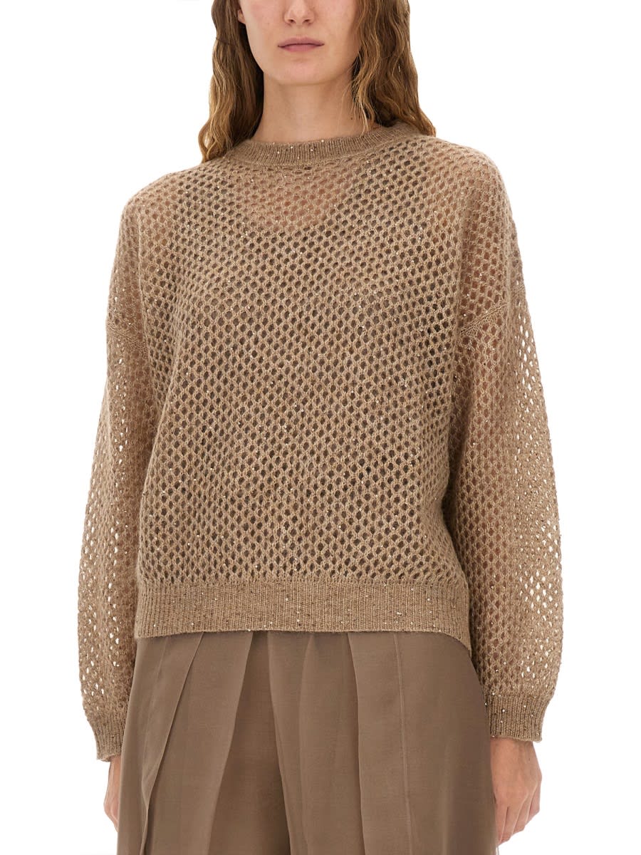 Brunello Cucinelli Net Sweater With Crew Neck And Open-knit Design In Brown
