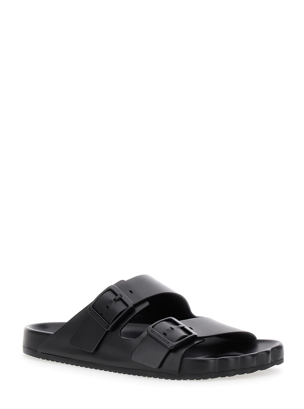 Shop Balenciaga Sunday Black Sandals With Engraved Logo In Leather Woman