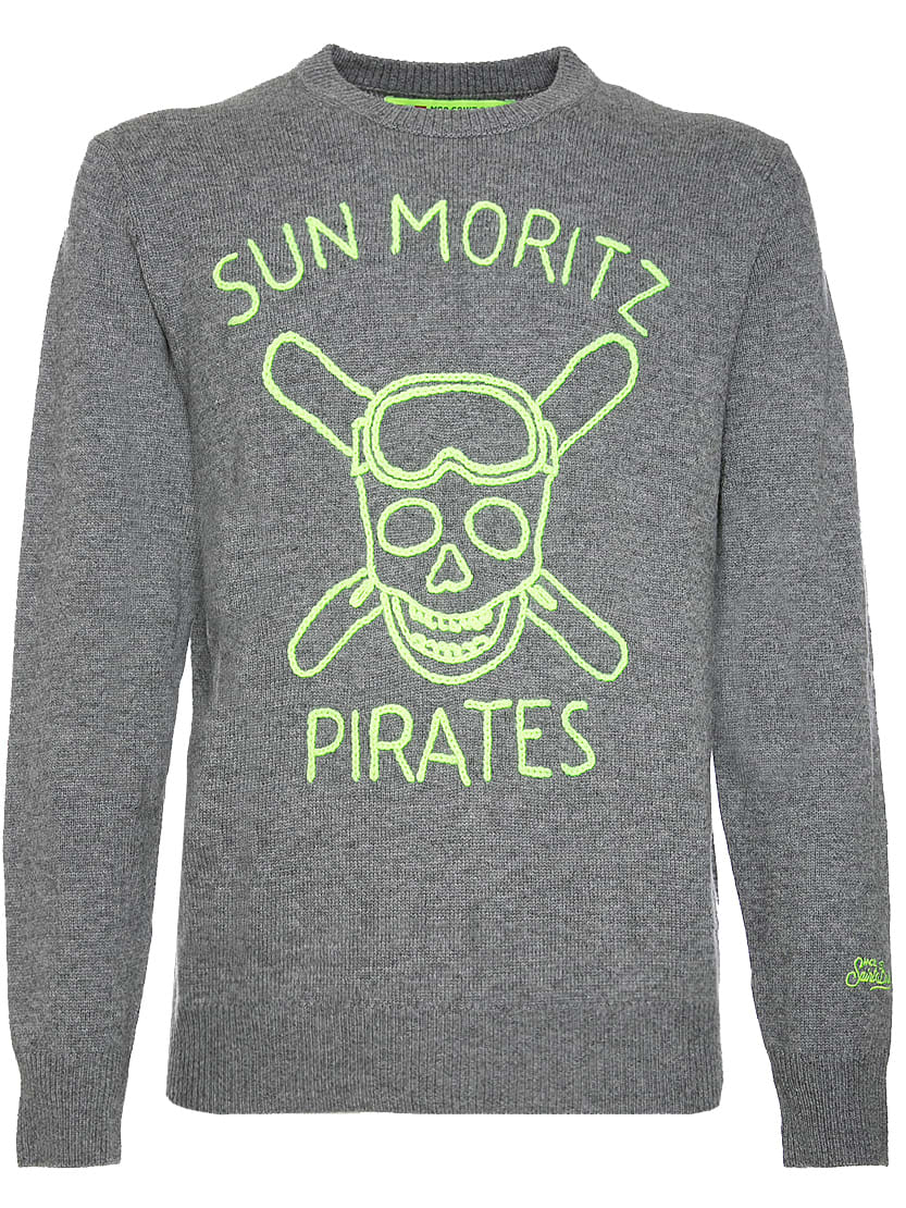 MC2 Saint Barth Man Grey Sweater Sun Moritz Pirates Fluo Embroidery