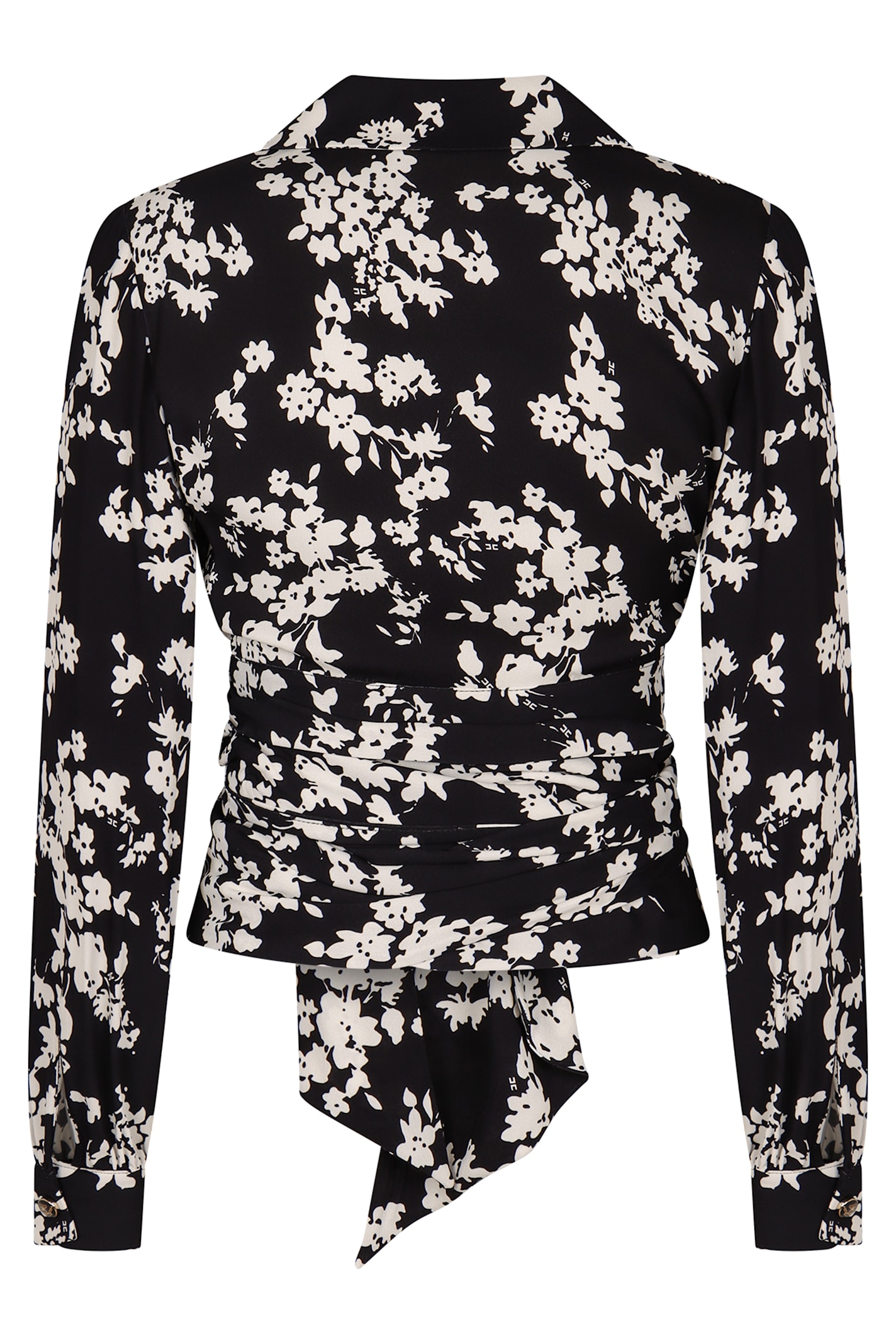 Elisabetta Franchi Georgette Blouse With Floral Pattern And Waist Sash In Black
