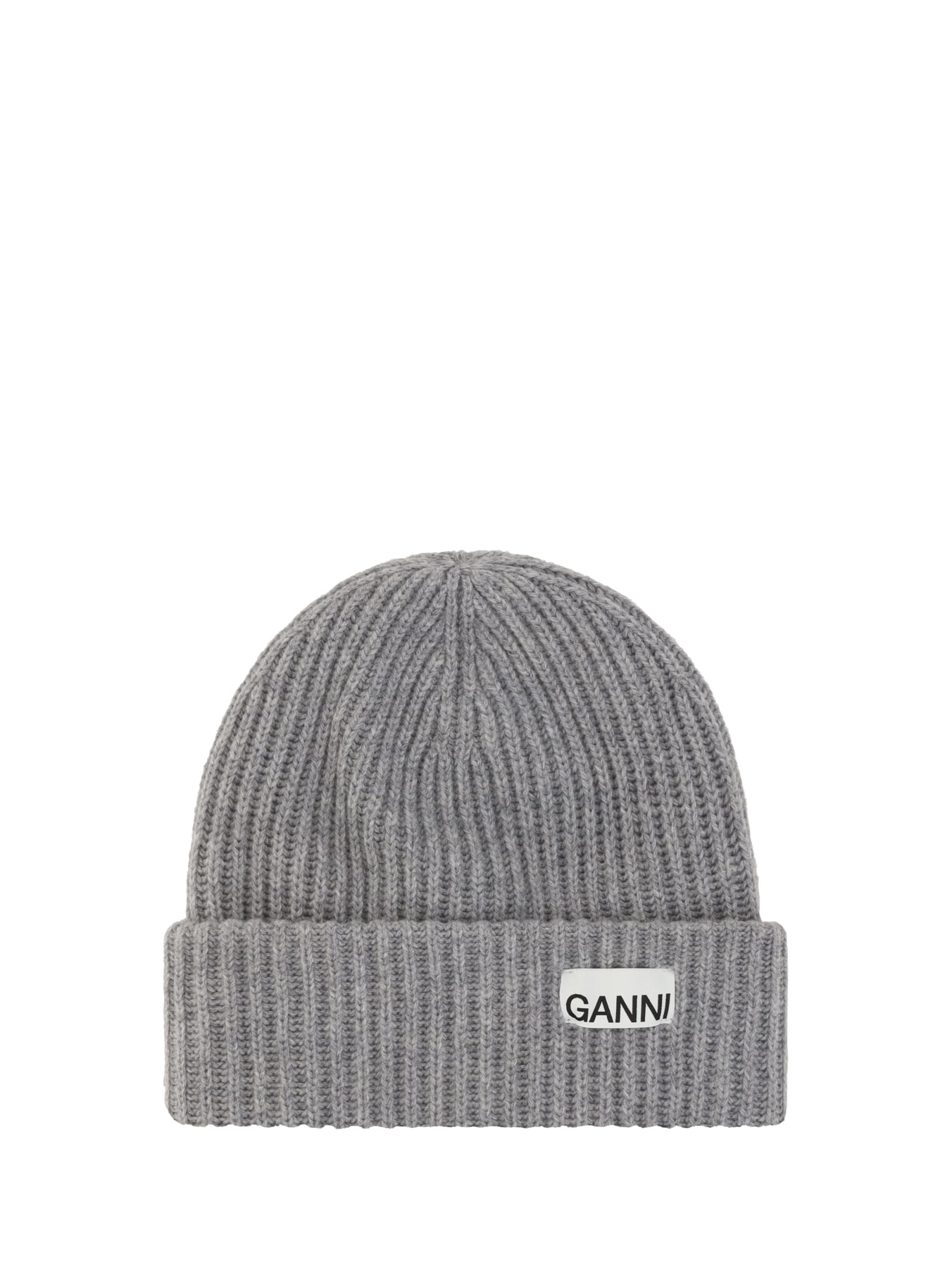 Ganni Womens Logo-patch Wool-blend Beanie Hat Paloma Melange In Gray