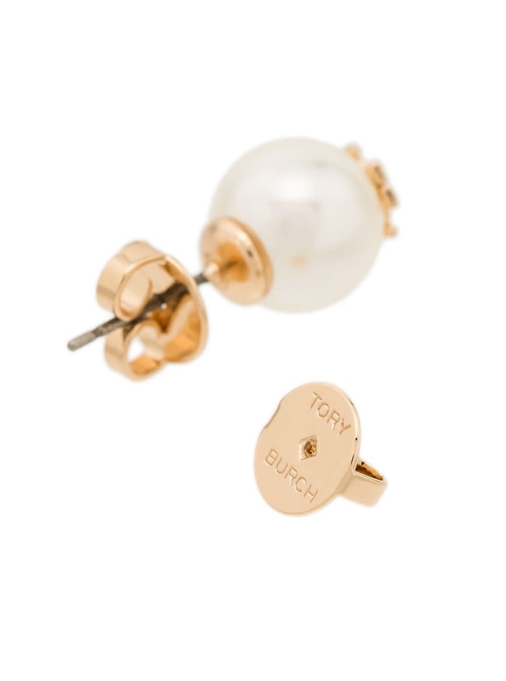 Shop Tory Burch Gold-colored Pearl Stud Earrings With Logo Detail In Brass Woman In Metallic
