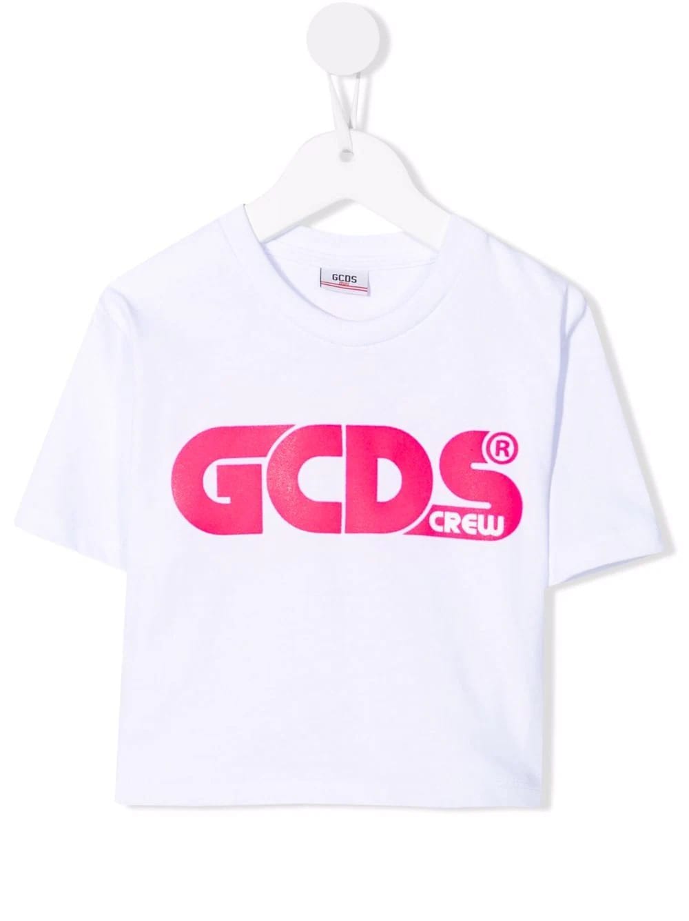 GCDS Mini Kids White Crop T-shirt With Pink Fluo Logo