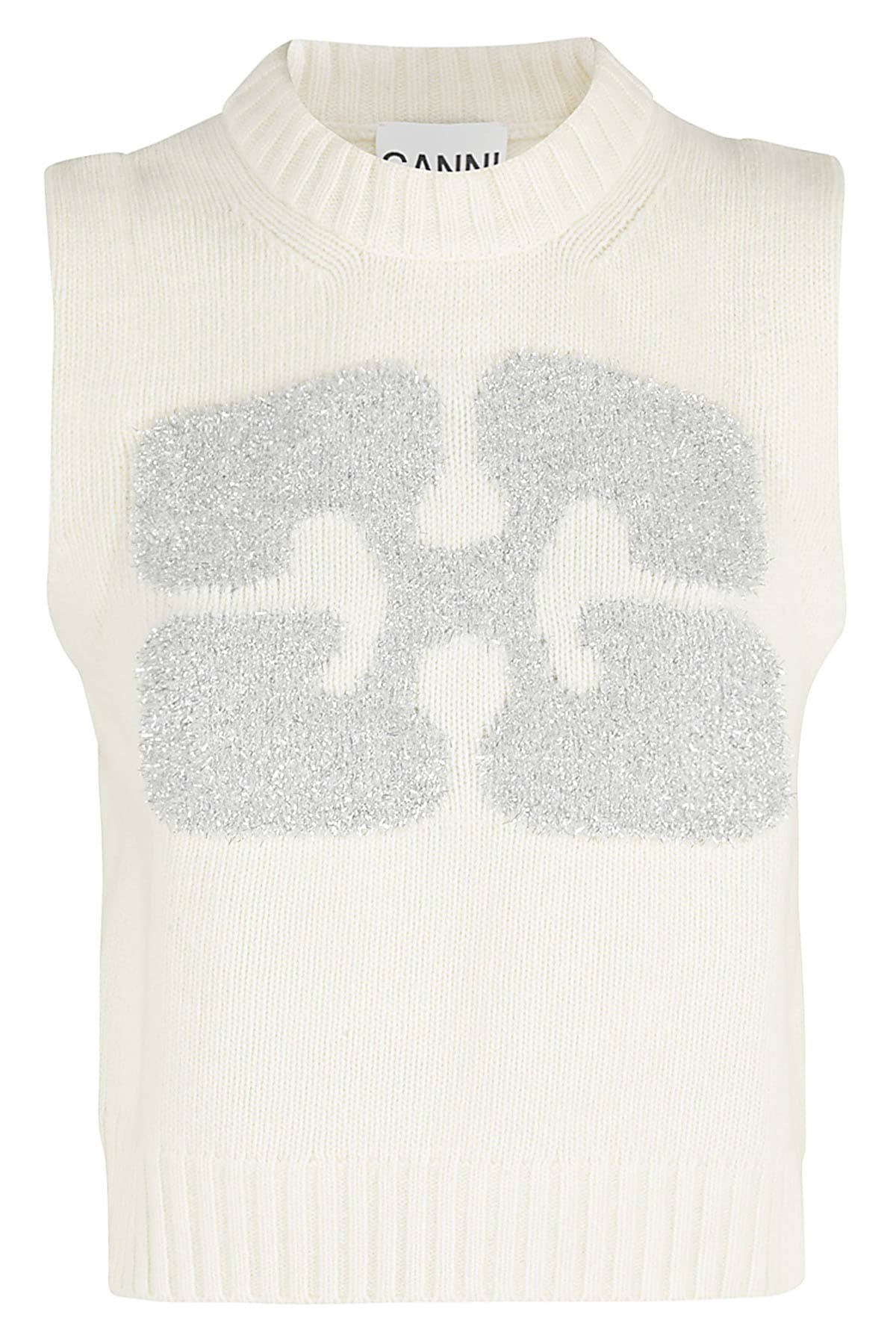 Shop Ganni Graphic Wool Mix Vest In Egret