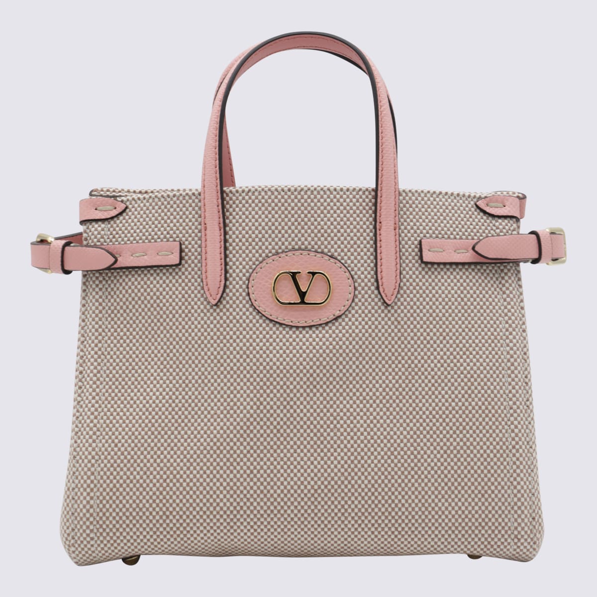 Valentino Natural And Pink Cotton Antibes Mini Totes In Natural/tabacco/peach Rose