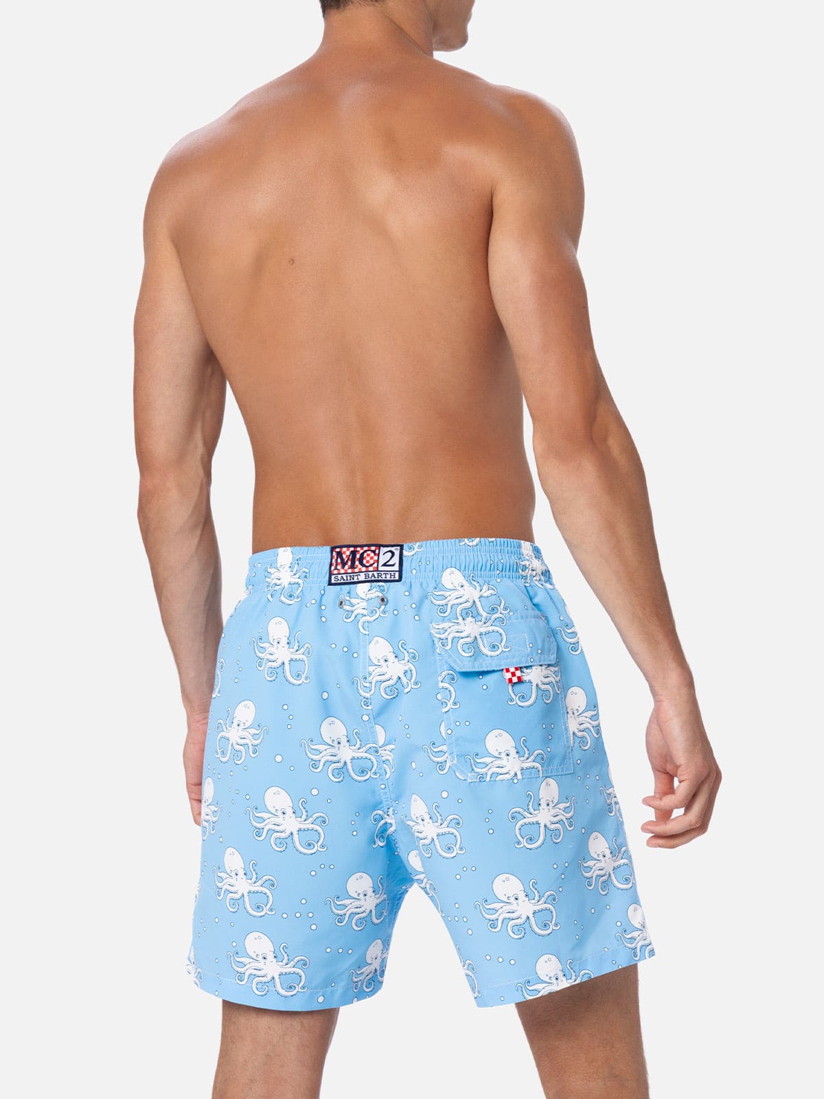 Mc2 Saint Barth Man Mid-length Gustavia Swim-shorts With Octopus Print In Sky