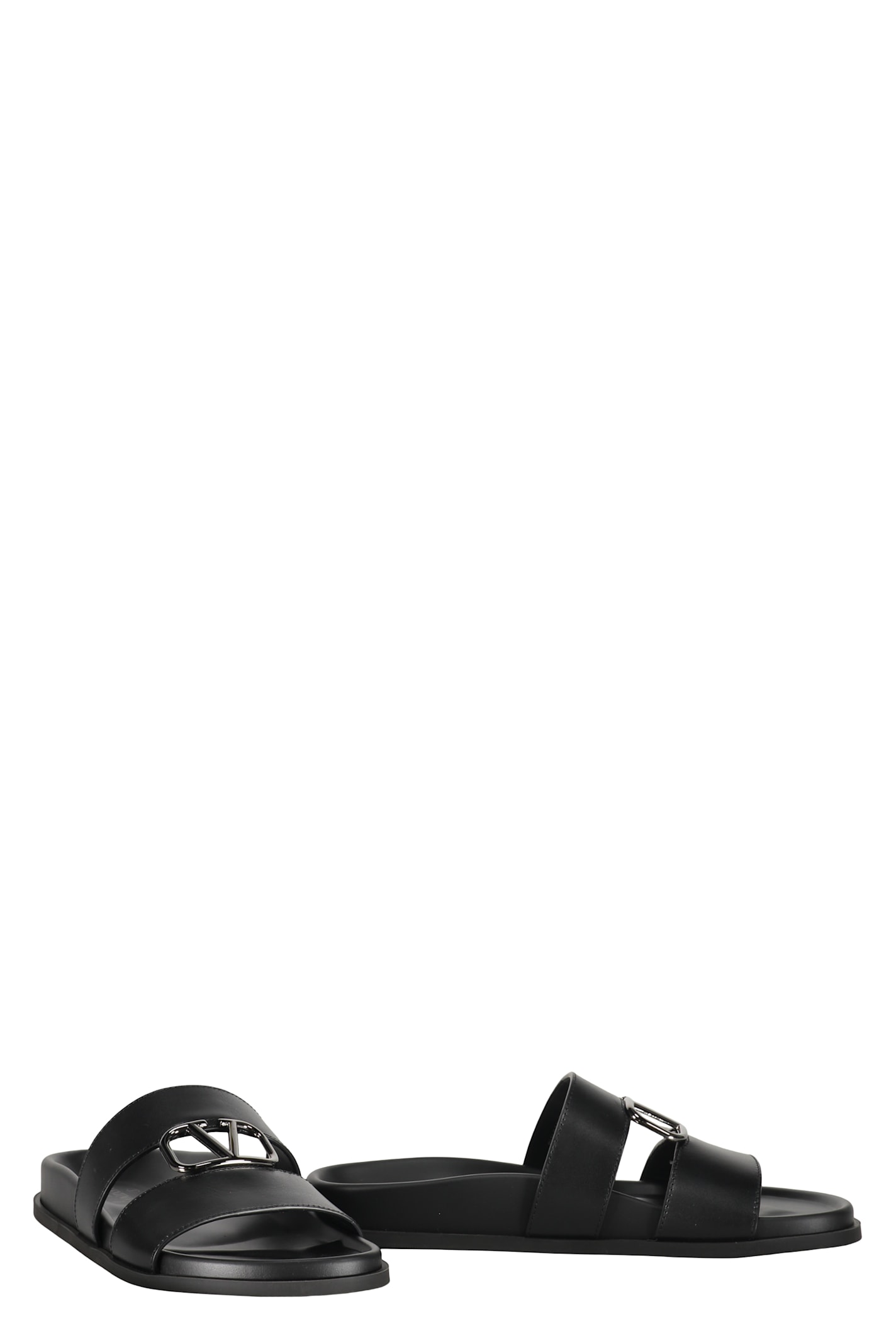 Valentino Leather Slides With Logo In Black