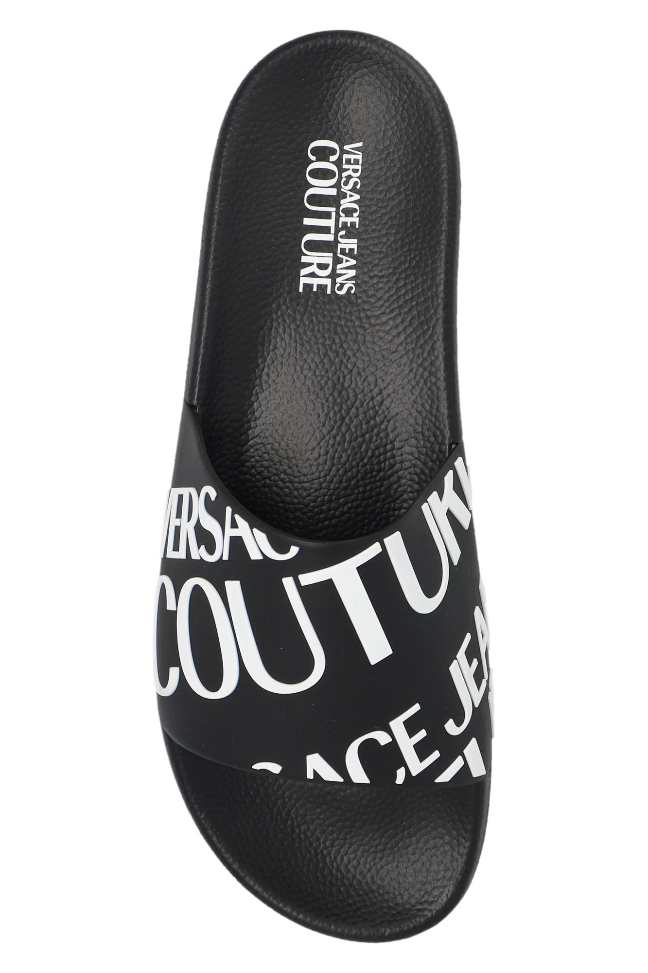 Versace Jeans Couture Logo-embossed Moulded-footbed Slides In Black