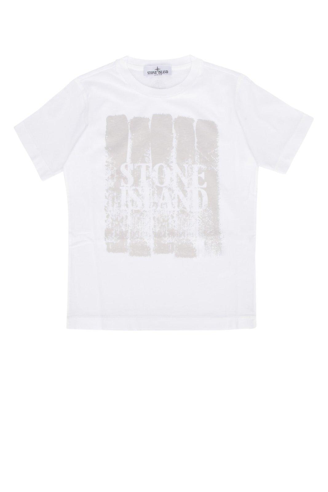 Stone Island Junior Kids' Logo Printed Crewneck T-shirt In Bianco