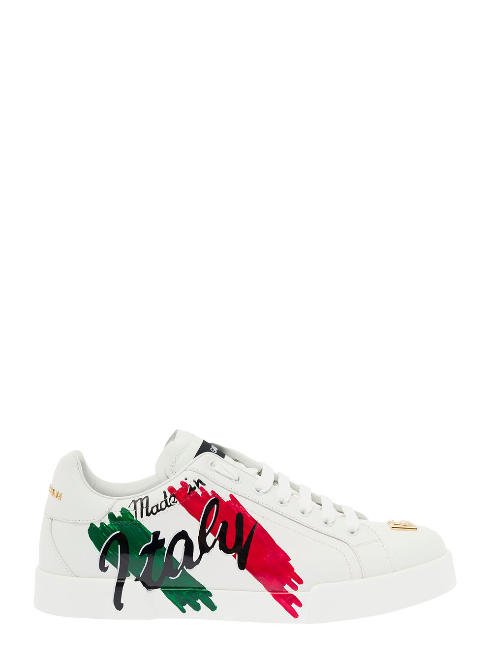 Dolce & Gabbana Mans White Leather Sneakers With Made In Italy Print