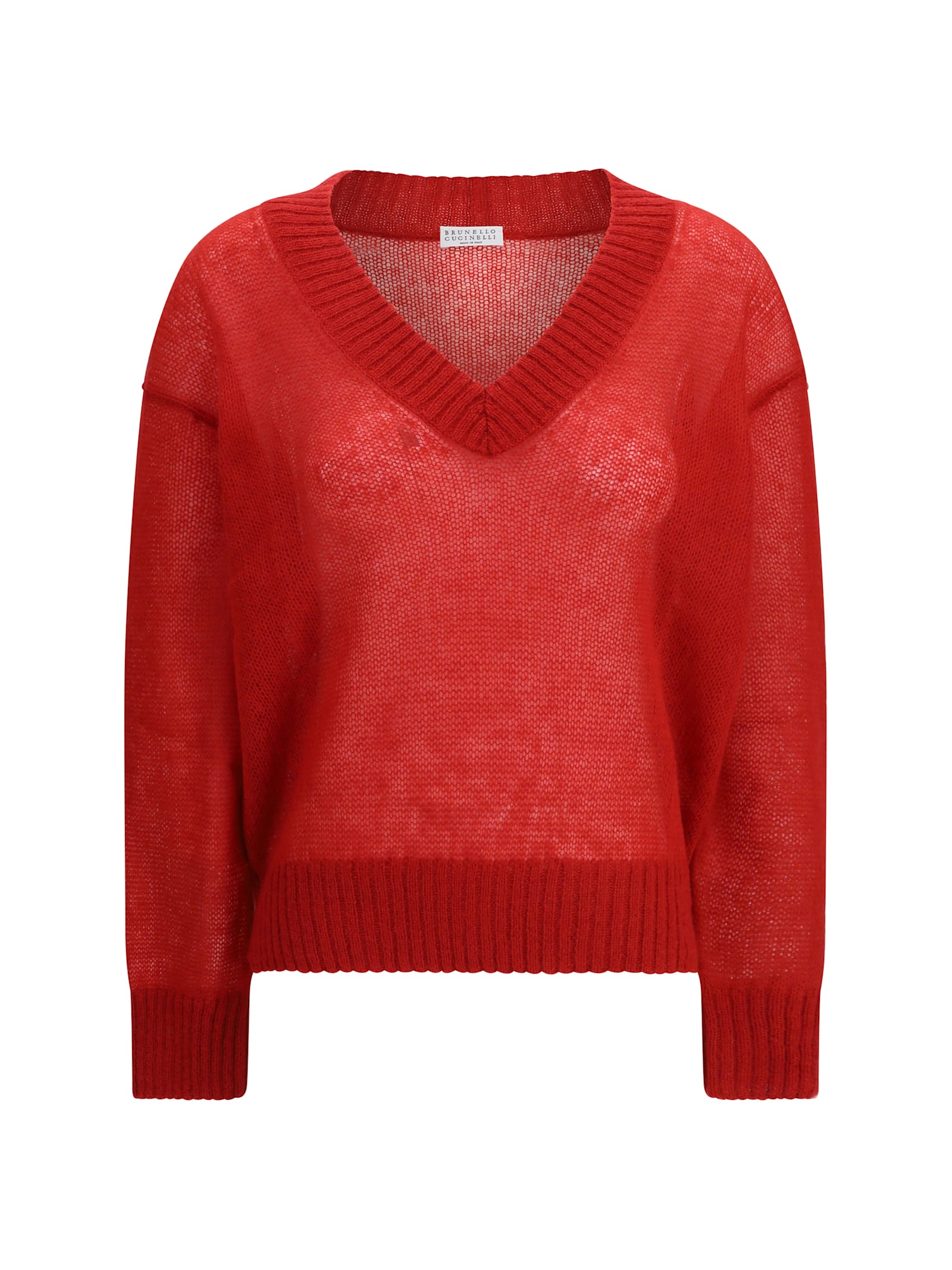 Brunello Cucinelli Sweater In Virgin Wool And Mohair With V-neck In Red