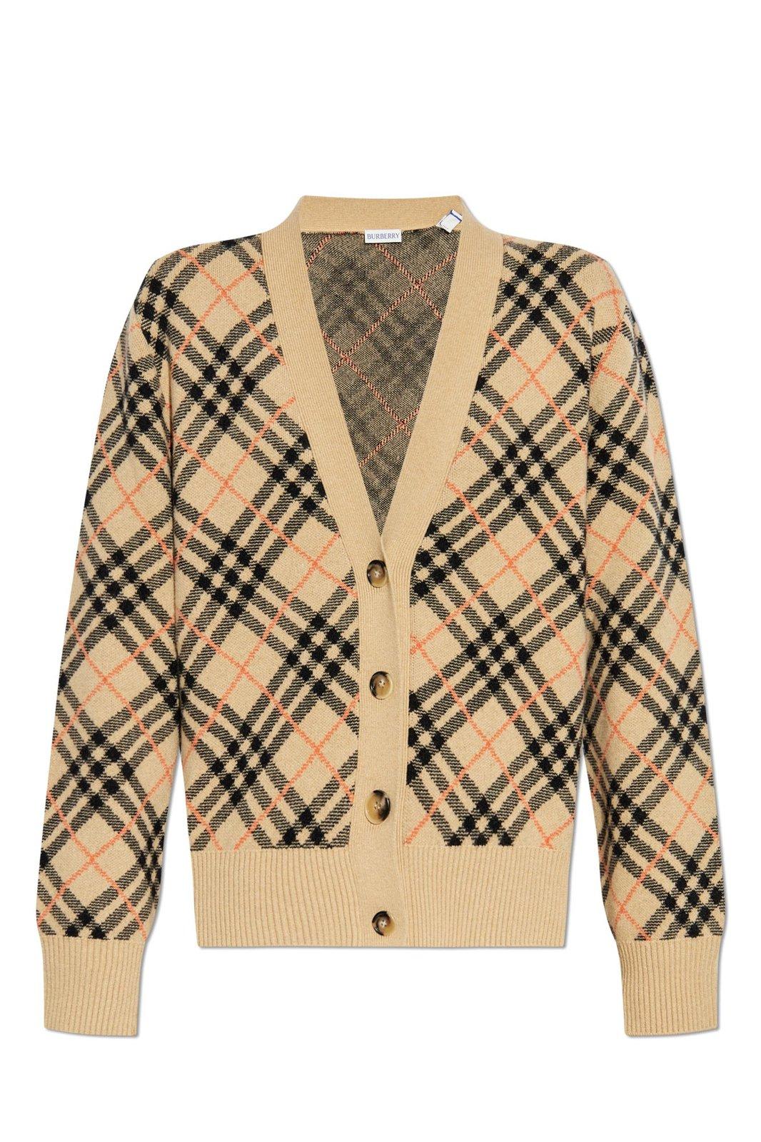 Checked V-neck Buttoned Cardigan