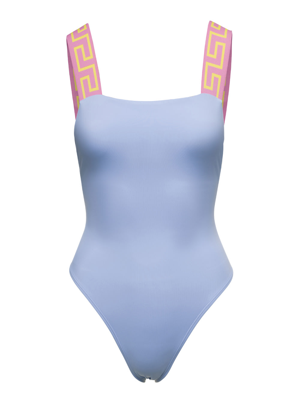 Light Blue One-piece Swimsuit With Greca Motif On The Straps In Polyamide Woman