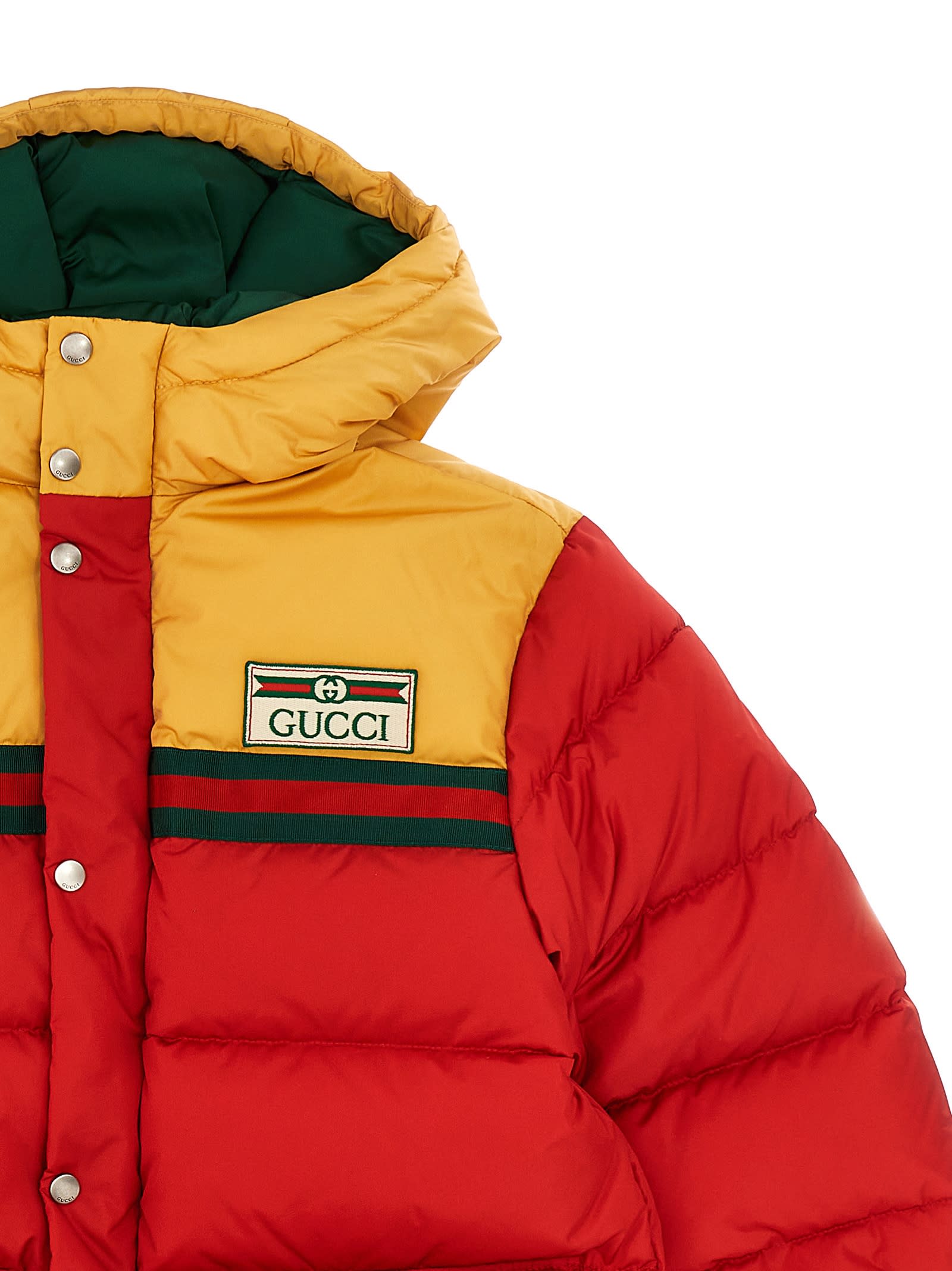 Shop Gucci Hooded Logo Puffer Jacket In Multicolor