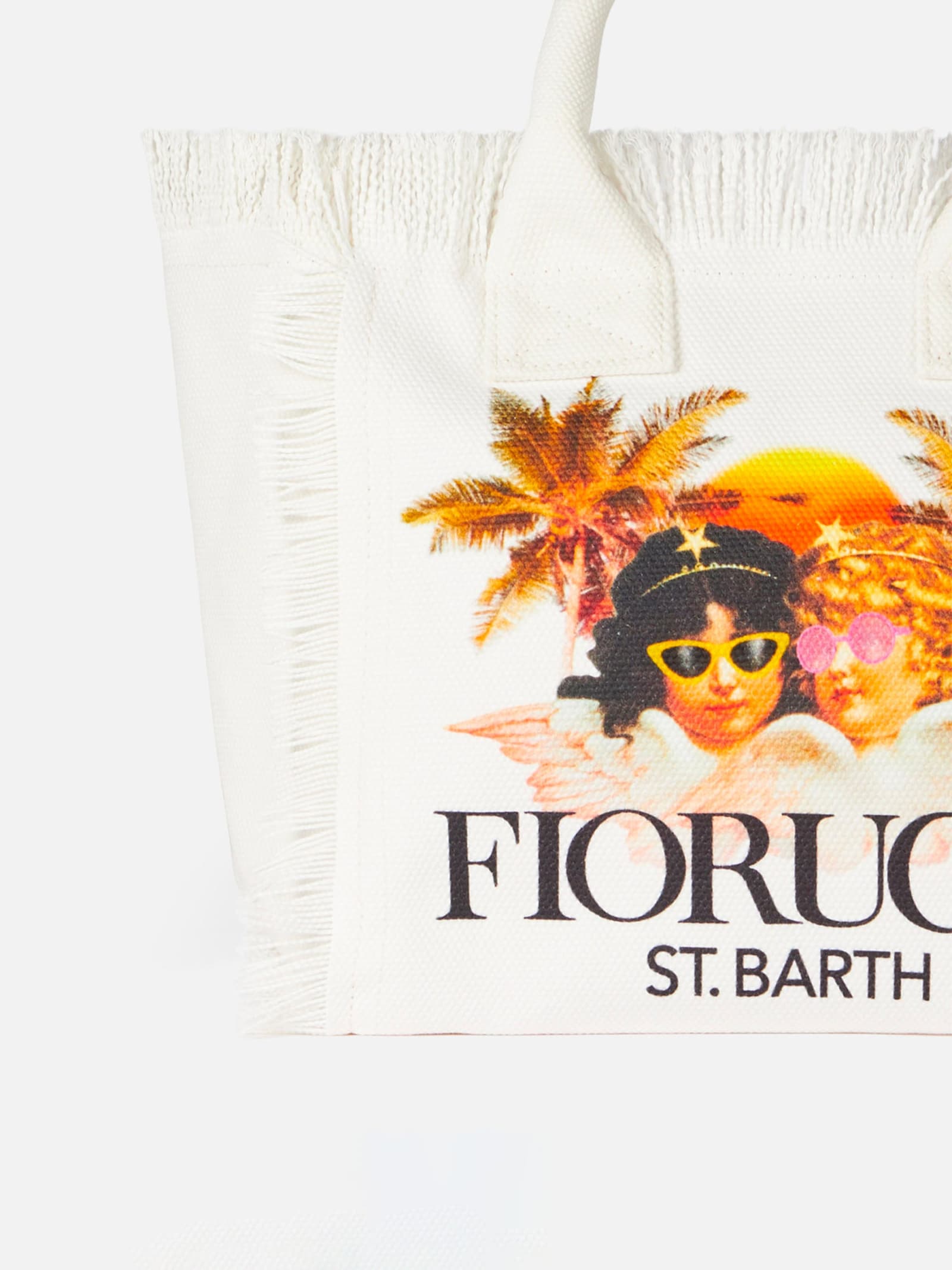 Shop Mc2 Saint Barth Colette White Cotton Canvas Handbag With Fiorucci Angels Print Fiorucci Special Edition