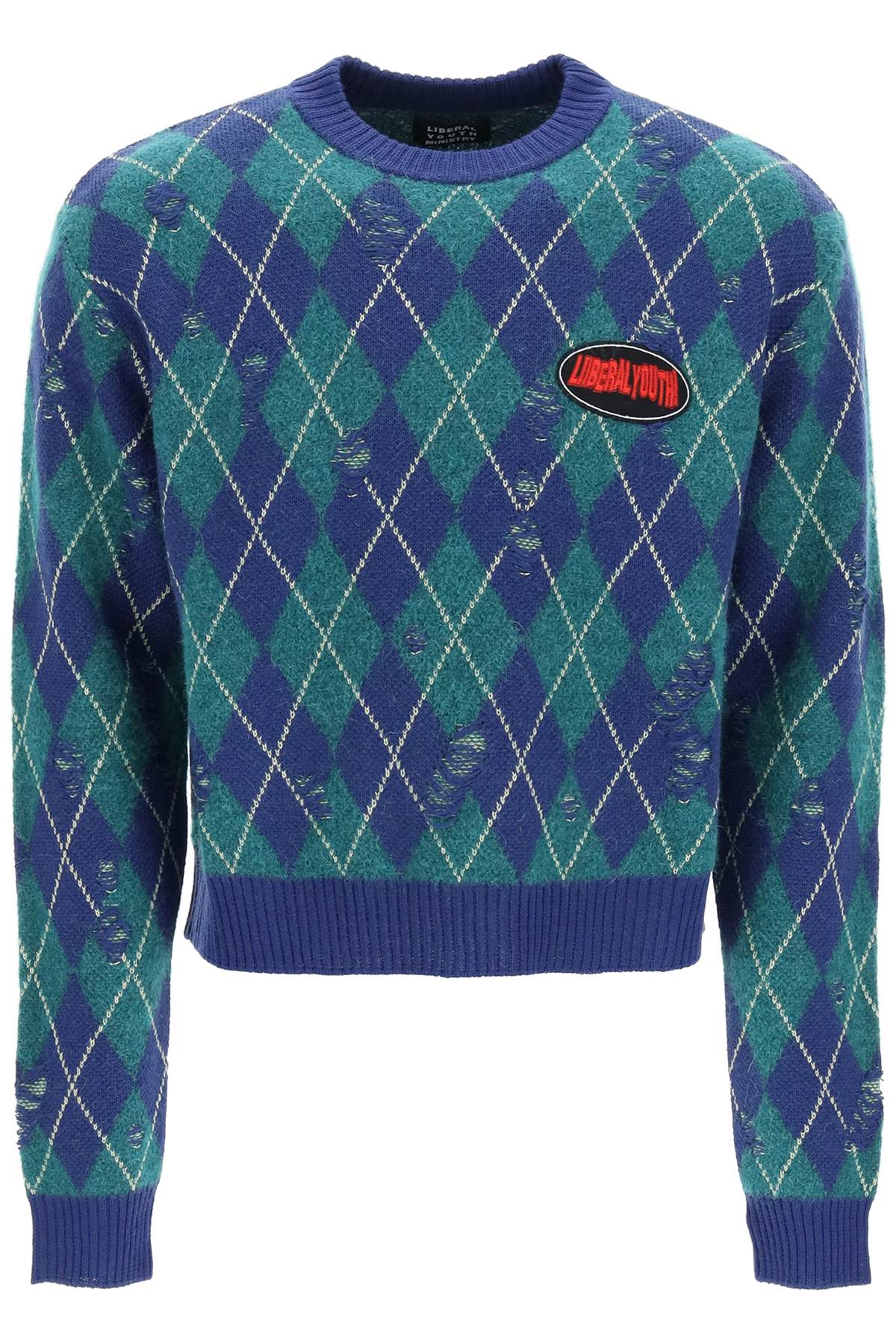 LIBERAL YOUTH MINISTRY DIAMOND-PATTERNED DISTRESSED jumper