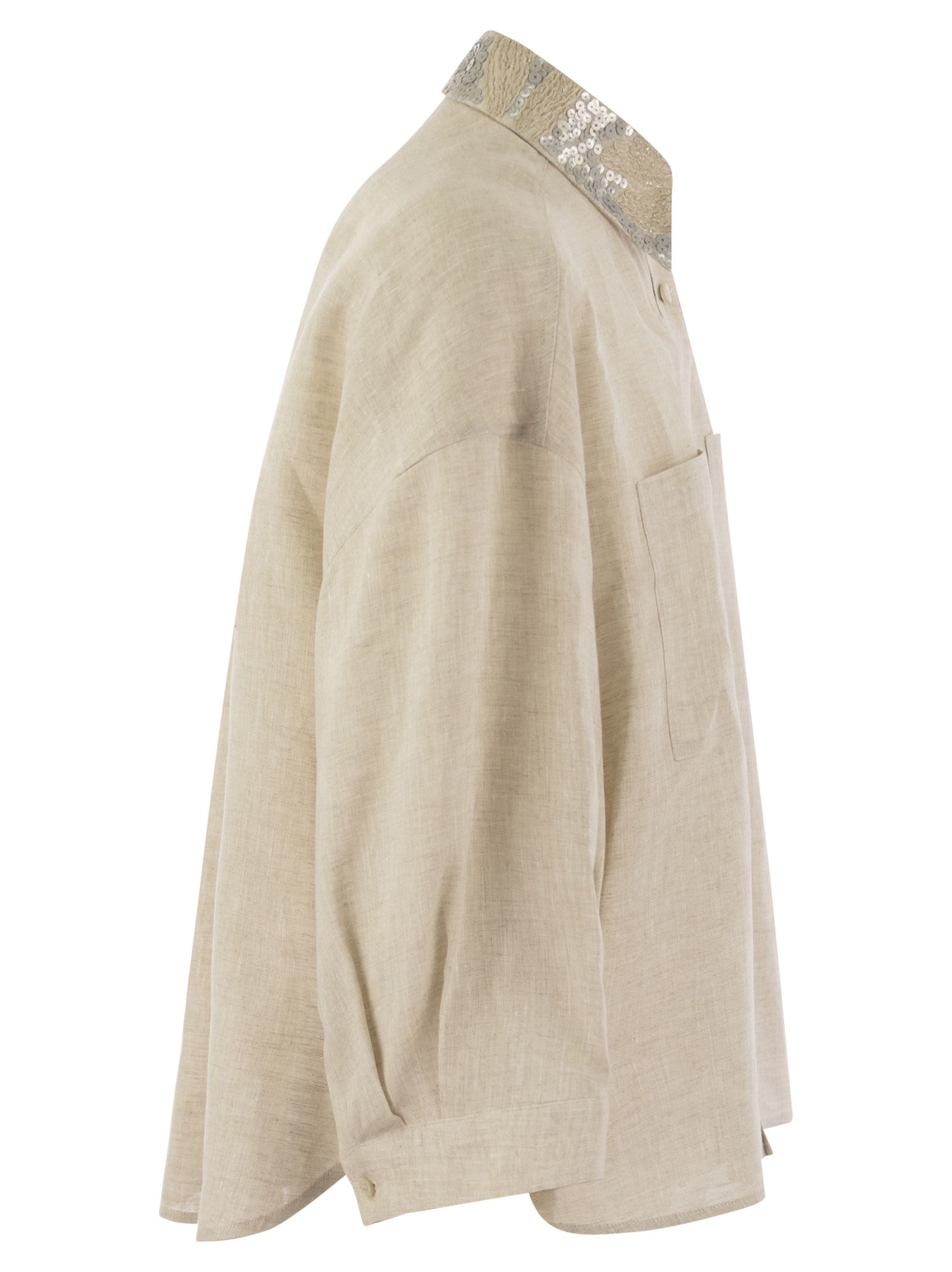 Shop Brunello Cucinelli Linen Linen Shirt With Dazzling Magnolia Collar In Neutrals