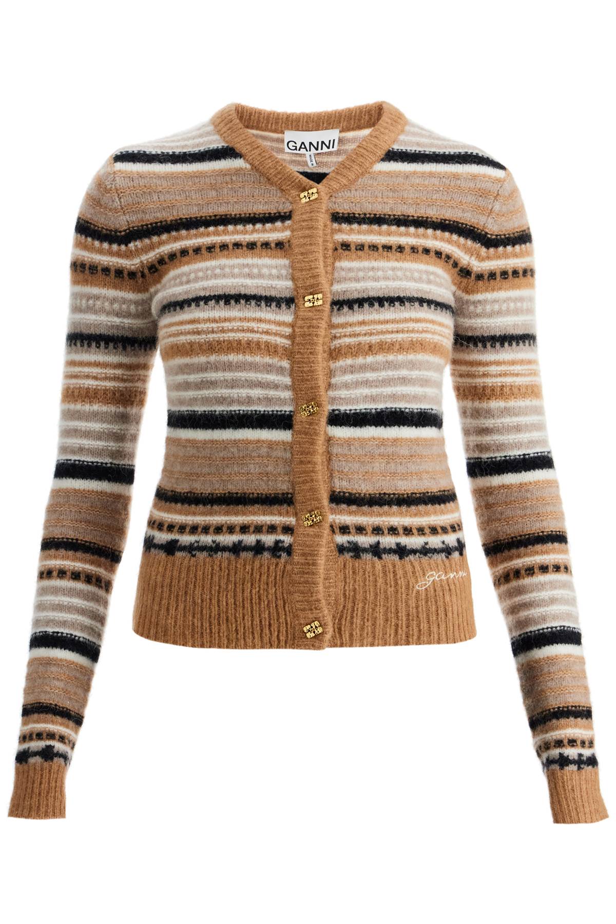 Shop Ganni Soft Striped Cardigan With Fluffy In Tigers Eye (beige)