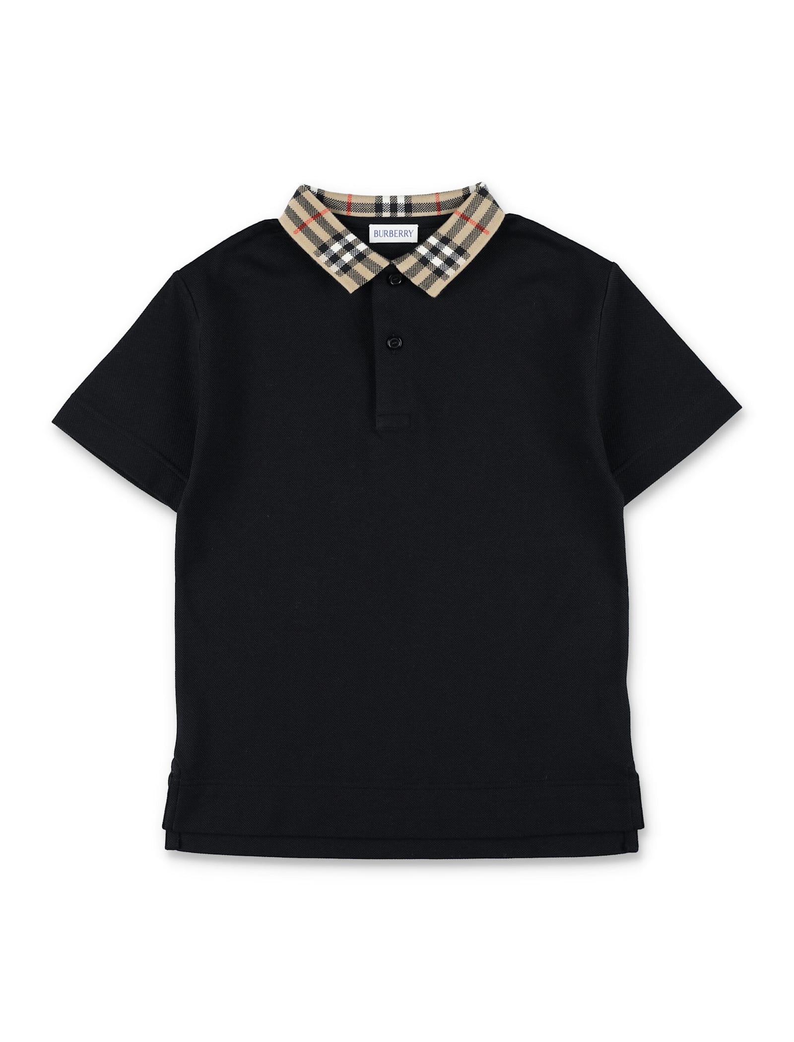 Burberry Kid - Black Polo With Check Collar In Black