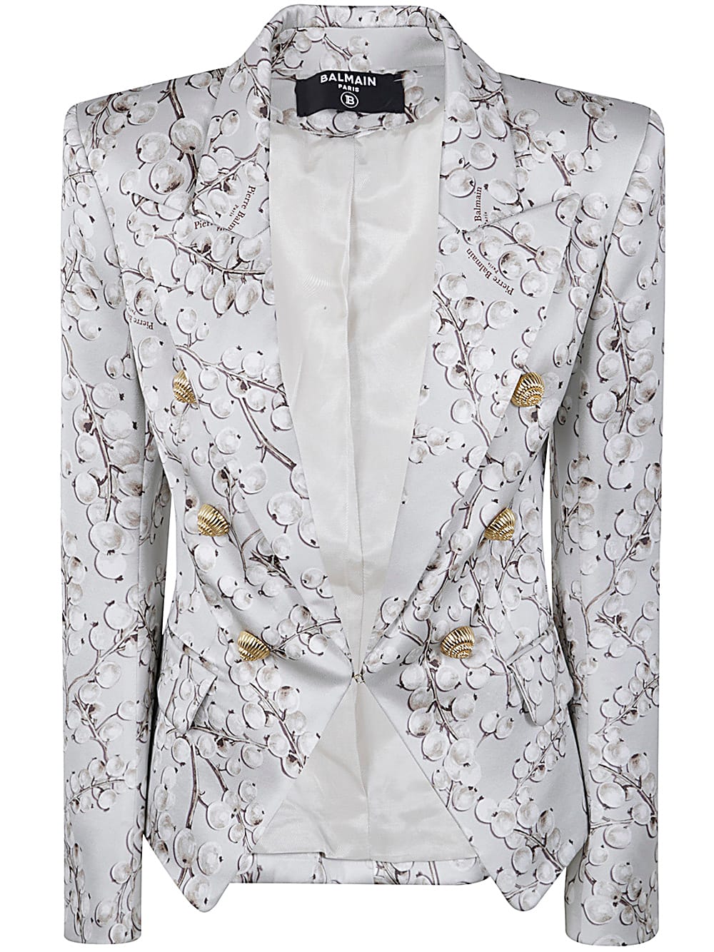 Shop Balmain Groseille Print Satin Jacket In Yhk Light Grey Light Beige