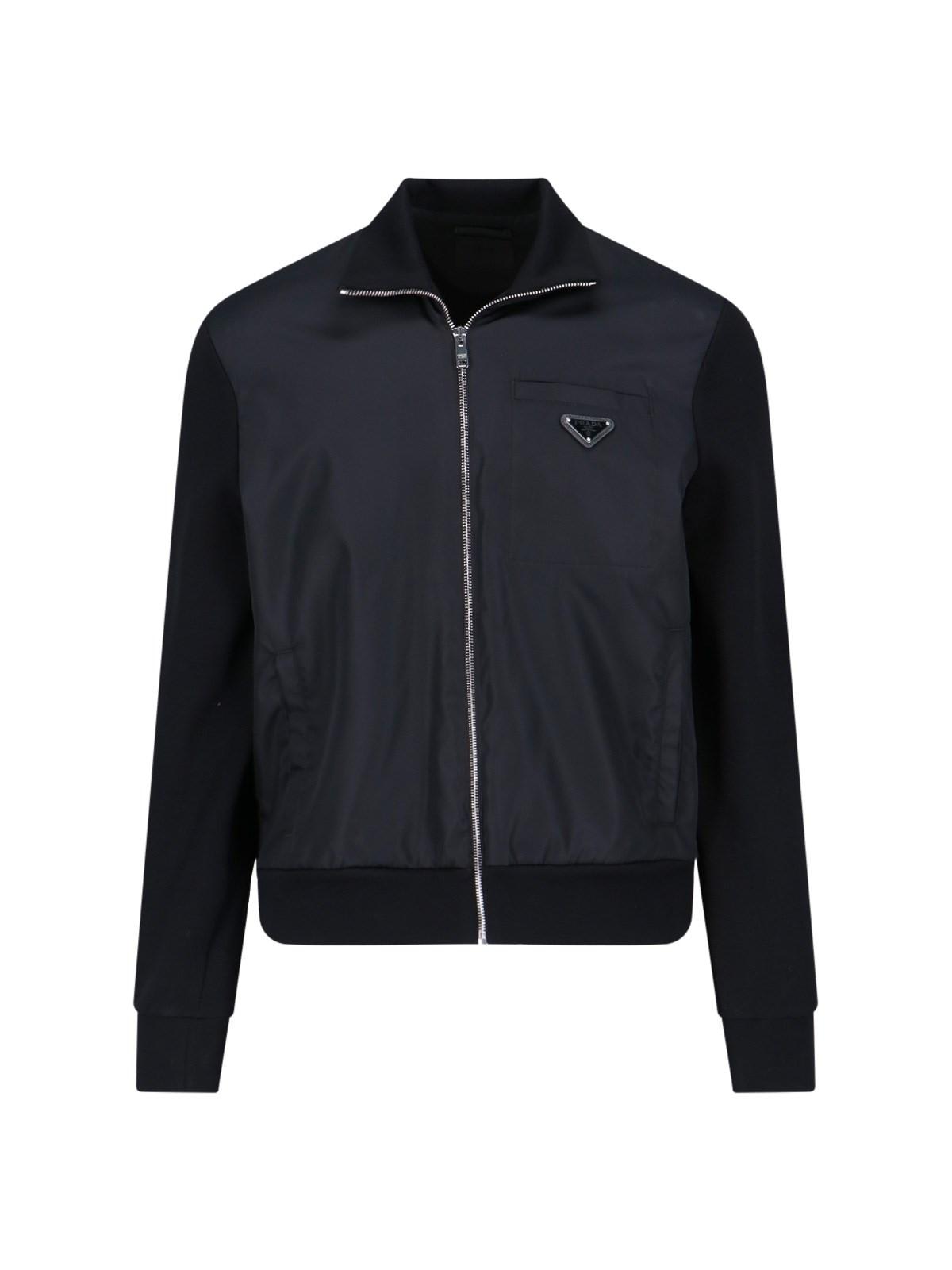 Shop Prada Nylon Detail Zip Sweatshirt In Nero E Nero