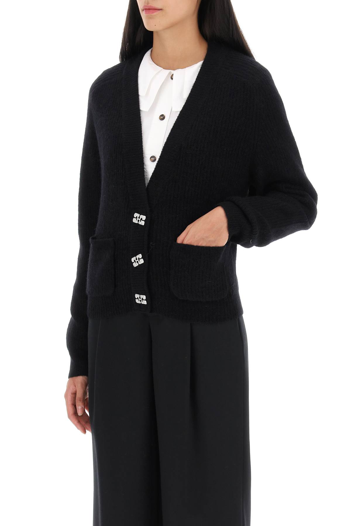 Shop Ganni Cardigan With Diamant Utterfly Buttons In Black