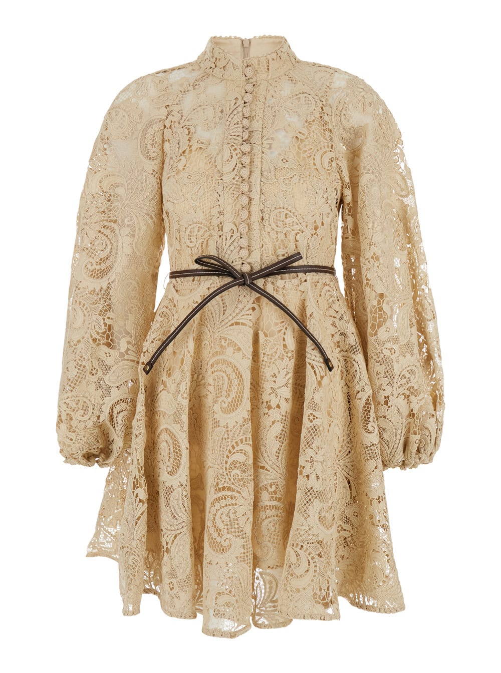 Shop Zimmermann Mini Beige Dress With Belt And Embroideries In Lace Woman In Brown