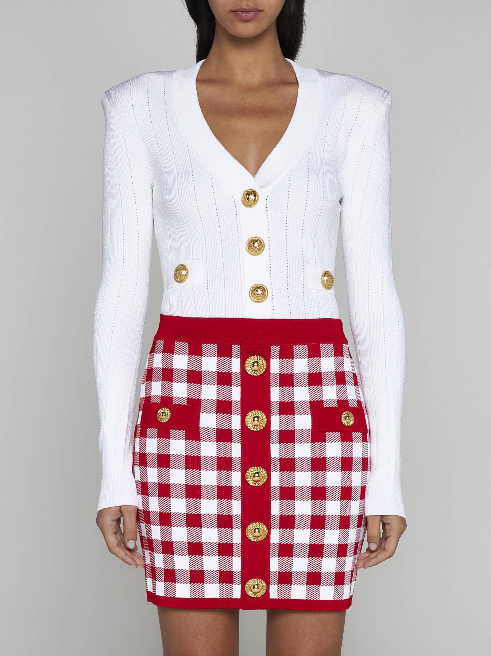 Shop Balmain Vichy Viscose-blend Knit Miniskirt In Red