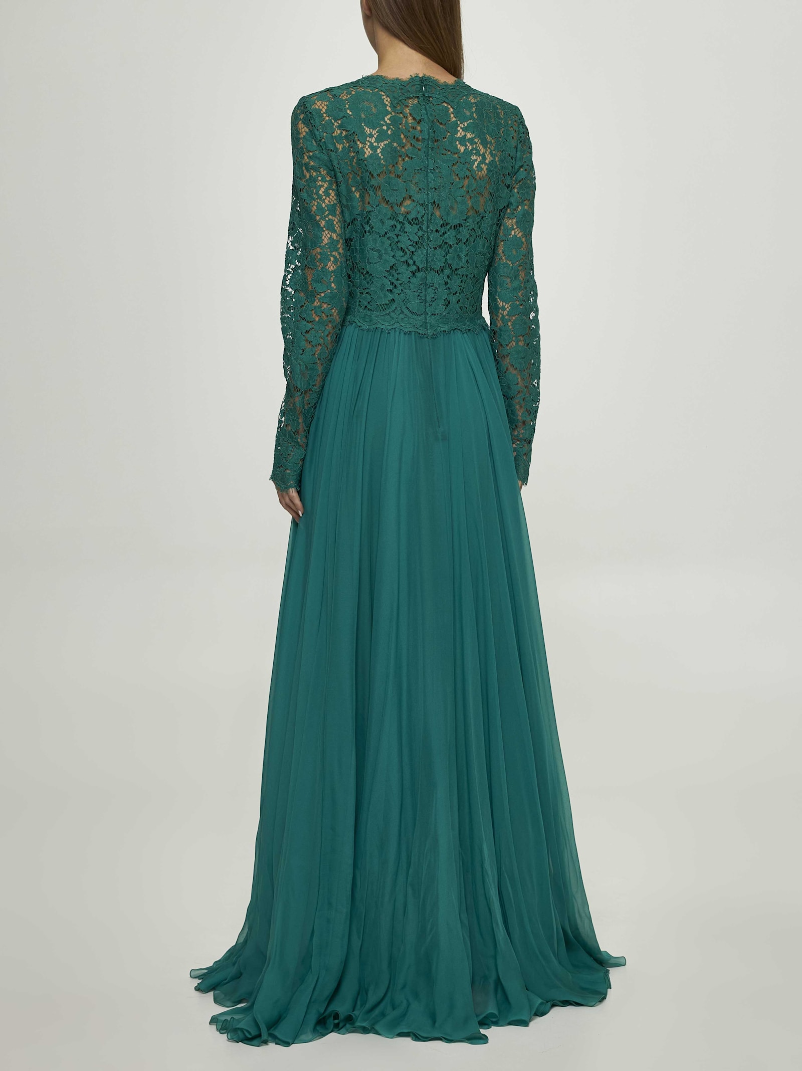 Dolce & Gabbana Long Chiffon And Lace Dress In Green