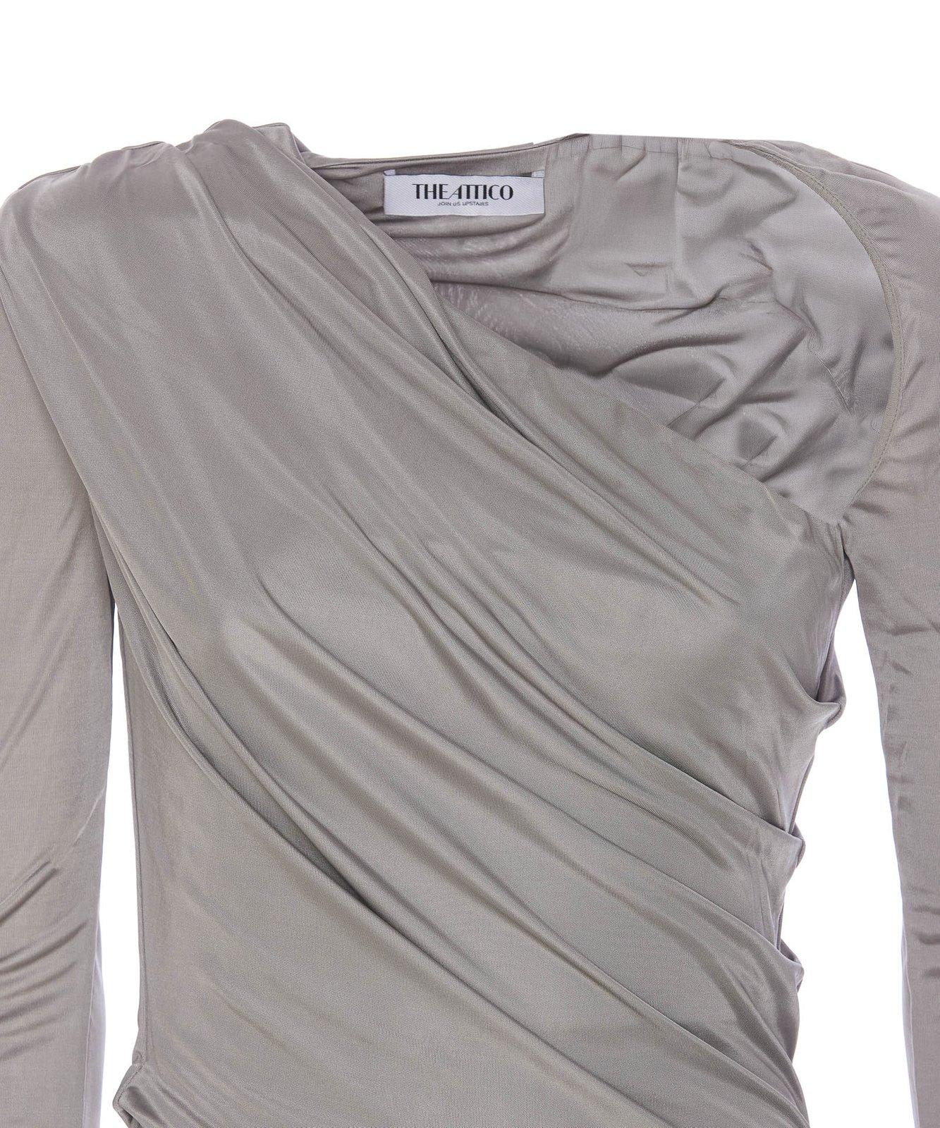 Attico Draped Satin Long Sleeved Mini Dress In Grey