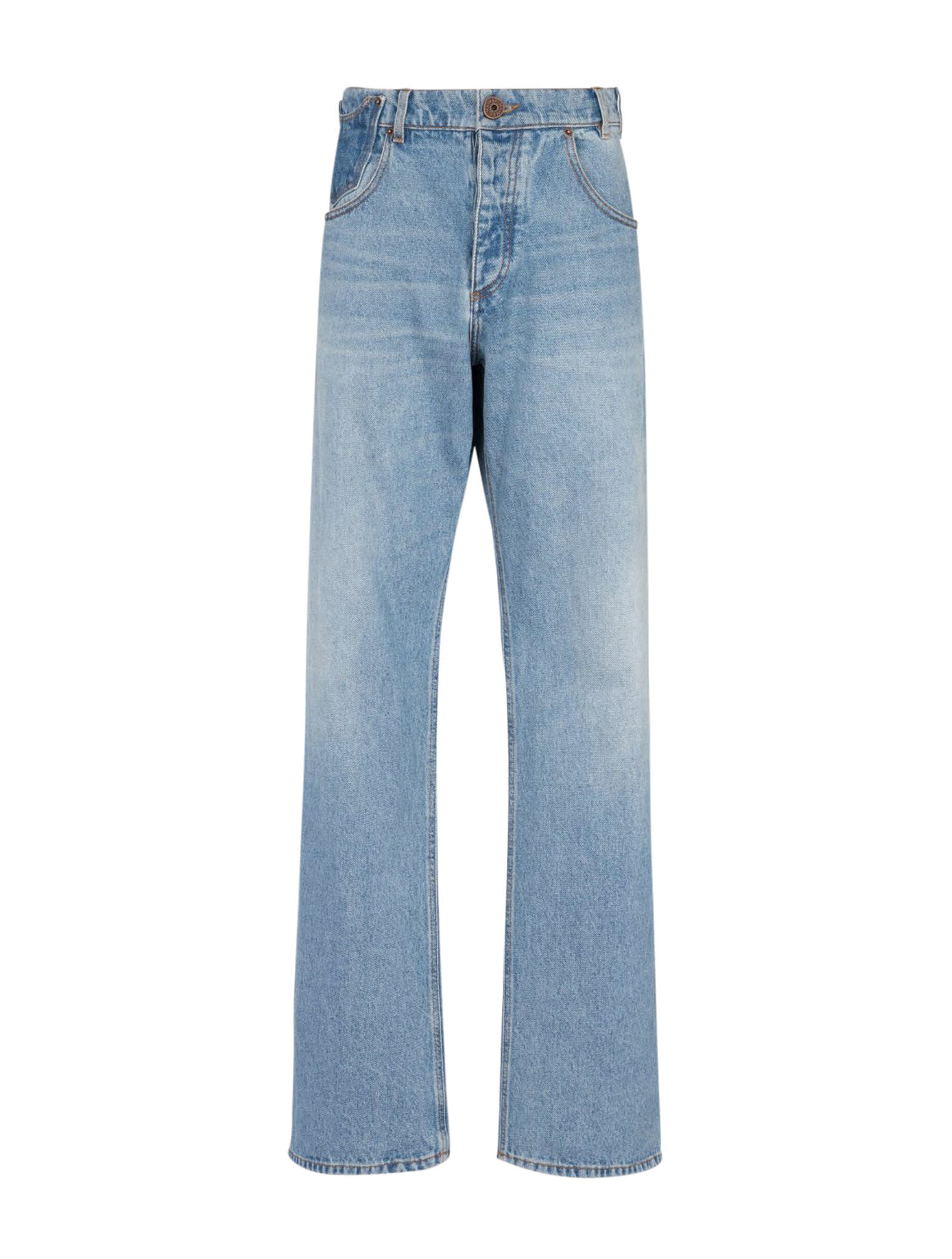 Shop Balmain Contrasted Pocket Loose Denim Pants In Shy Bleu Jean