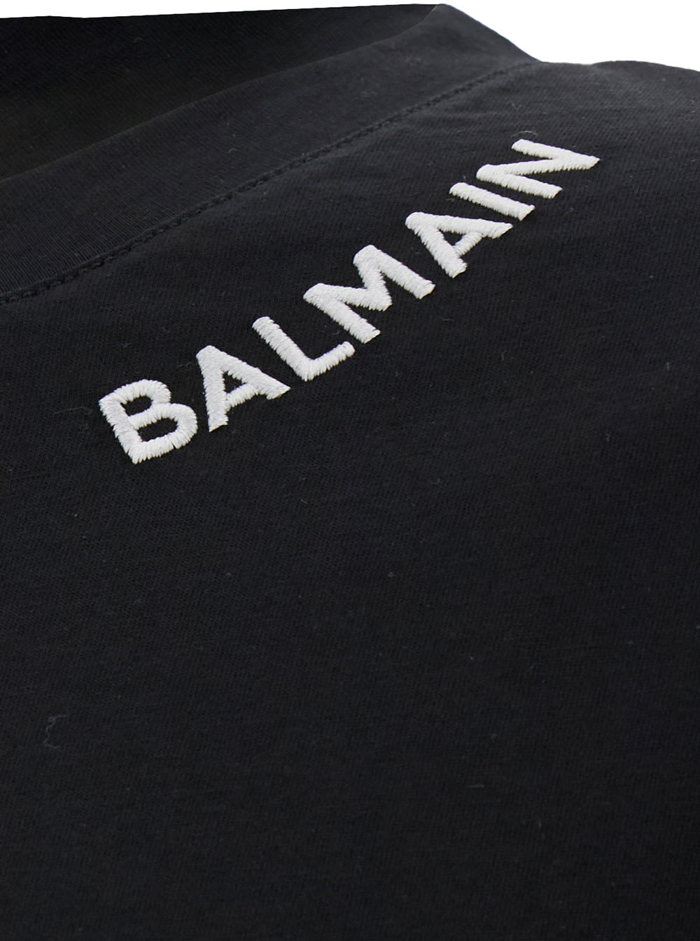 Shop Balmain Black Crewneck T-shirt With Contrasting Logo Embroidery In Cotton Man